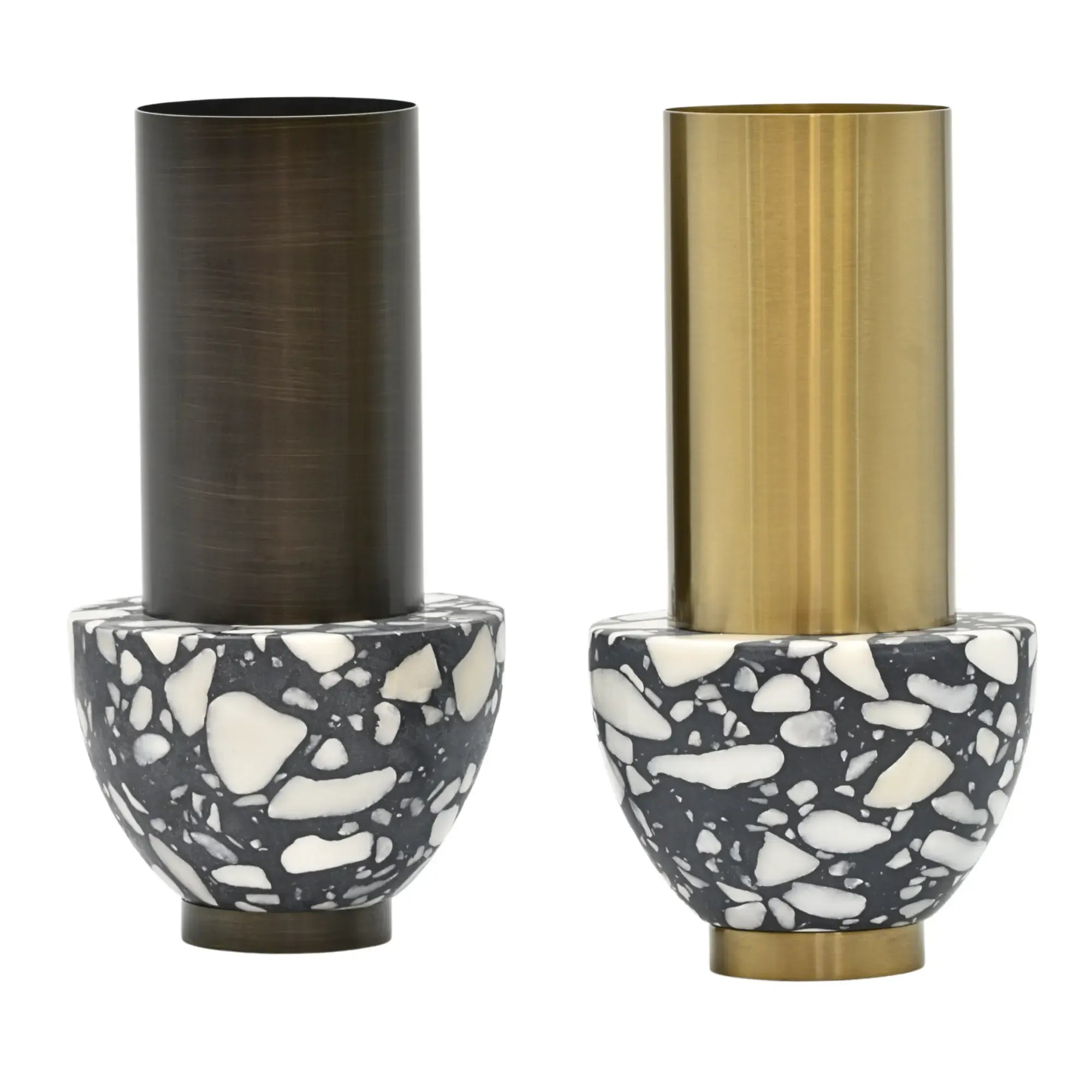 Edelstahlvase - mit Marmor - Runde Designervase Gebürstet Noble Gold