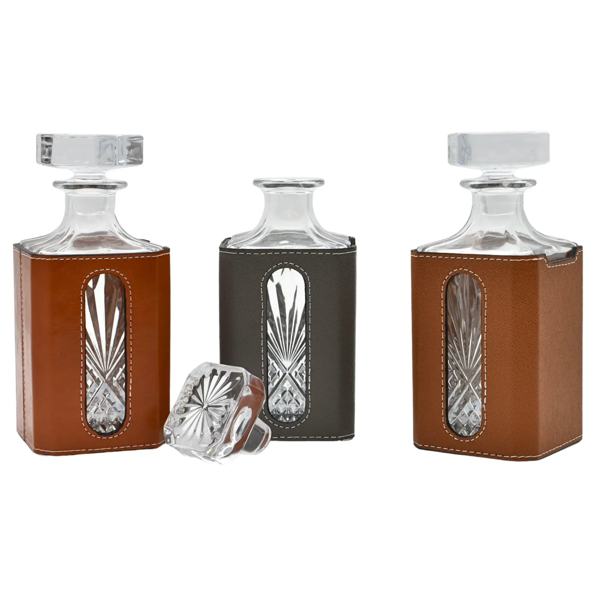 Whisky-Karaffen-Set - aus 3 Teilen mit Leder - Modernes Whiskyglas-Set Kunstlederumrandung Luxe Braun