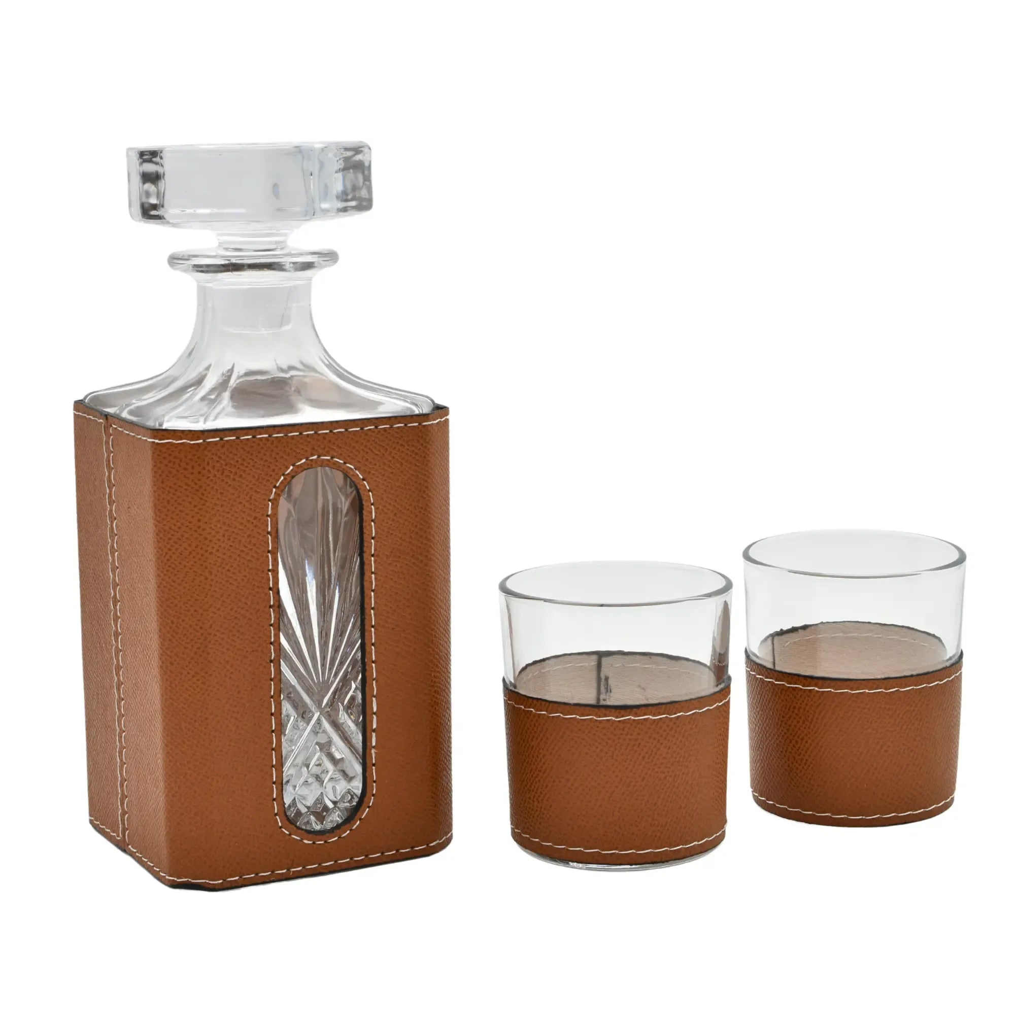 Whisky-Karaffen-Set - aus 3 Teilen mit Leder - Modernes Whiskyglas-Set Kunstlederumrandung Luxe Braun