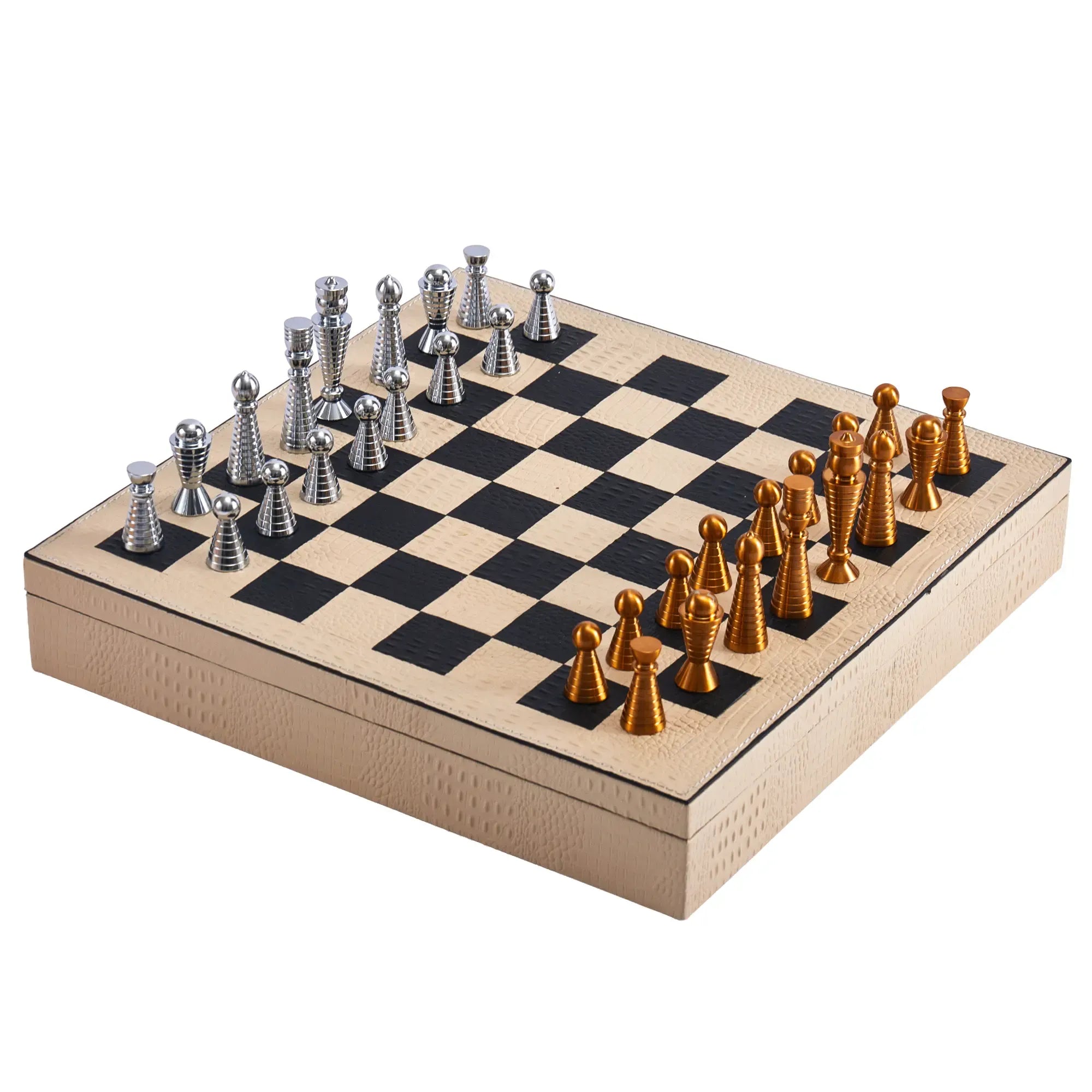 Schachspiel - Strategisches Brettspiel – Schach-Set mit Metallfiguren auf Lederbox in Kroko-Prägung, Bicolor Gold & Silber – Ars Strategica Nan