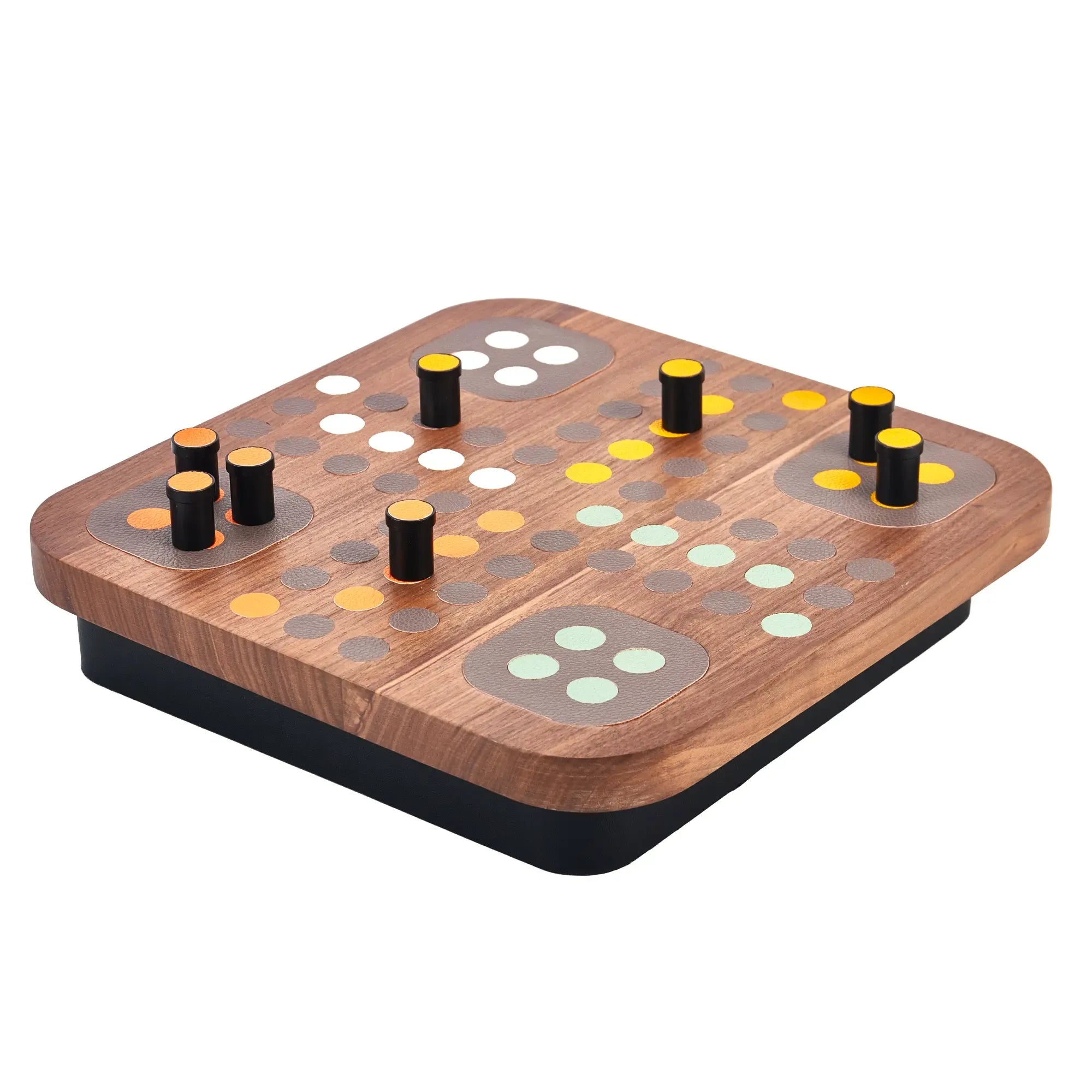 Solitaire-Spiel - Edles Design-Tischspiel aus Holz – Peg-Solitär auf mattschwarzem Sockel – Modernes Raster-Brettspiel – Ludus Équilibre Nan