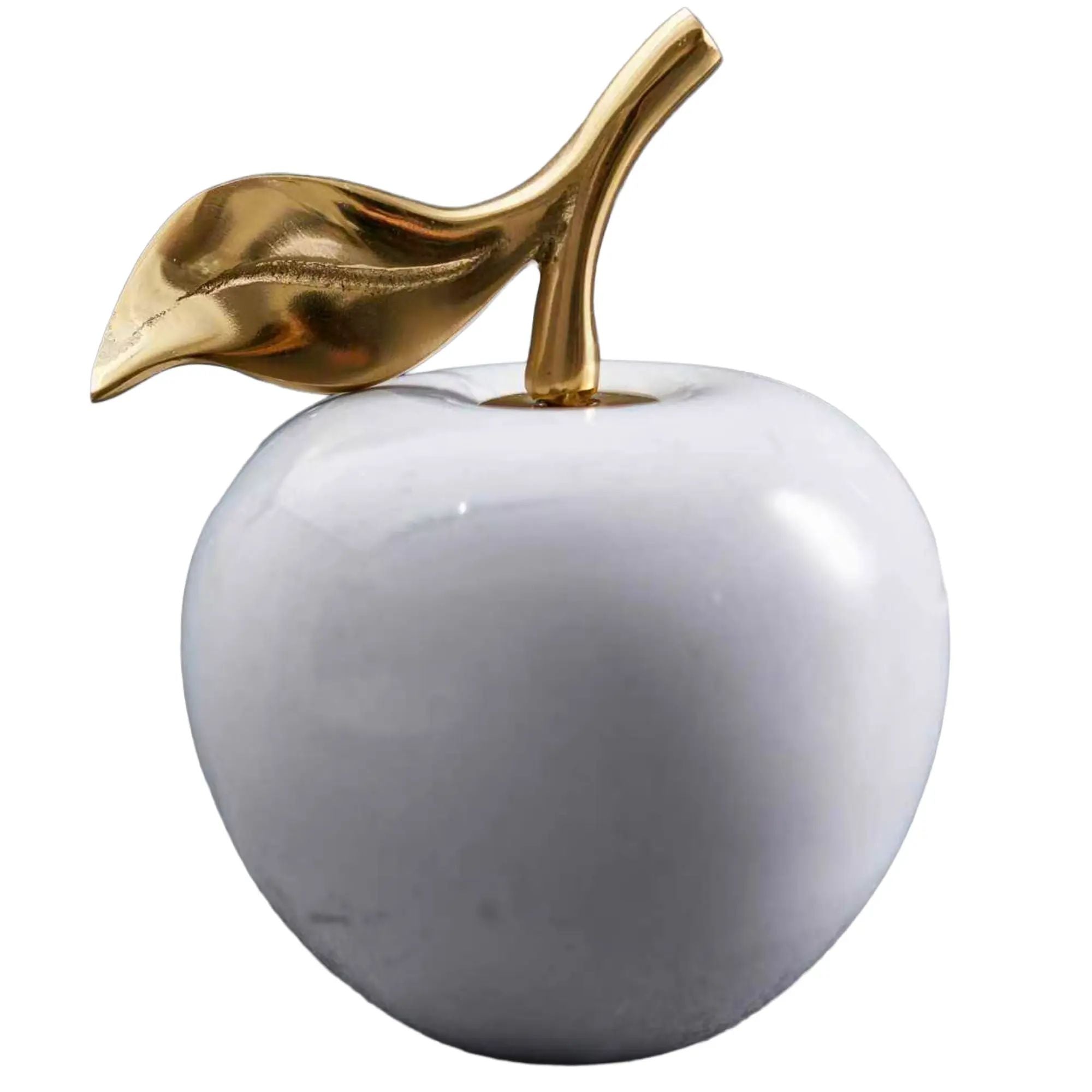 Apfelfigur - aus Marmor mit Goldakzent - Skulpturales Deko-Objekt – Weißer Marmorapfel mit vergoldetem Messingblatt – Polierte Steinskulptur Pomum Aureum Nan