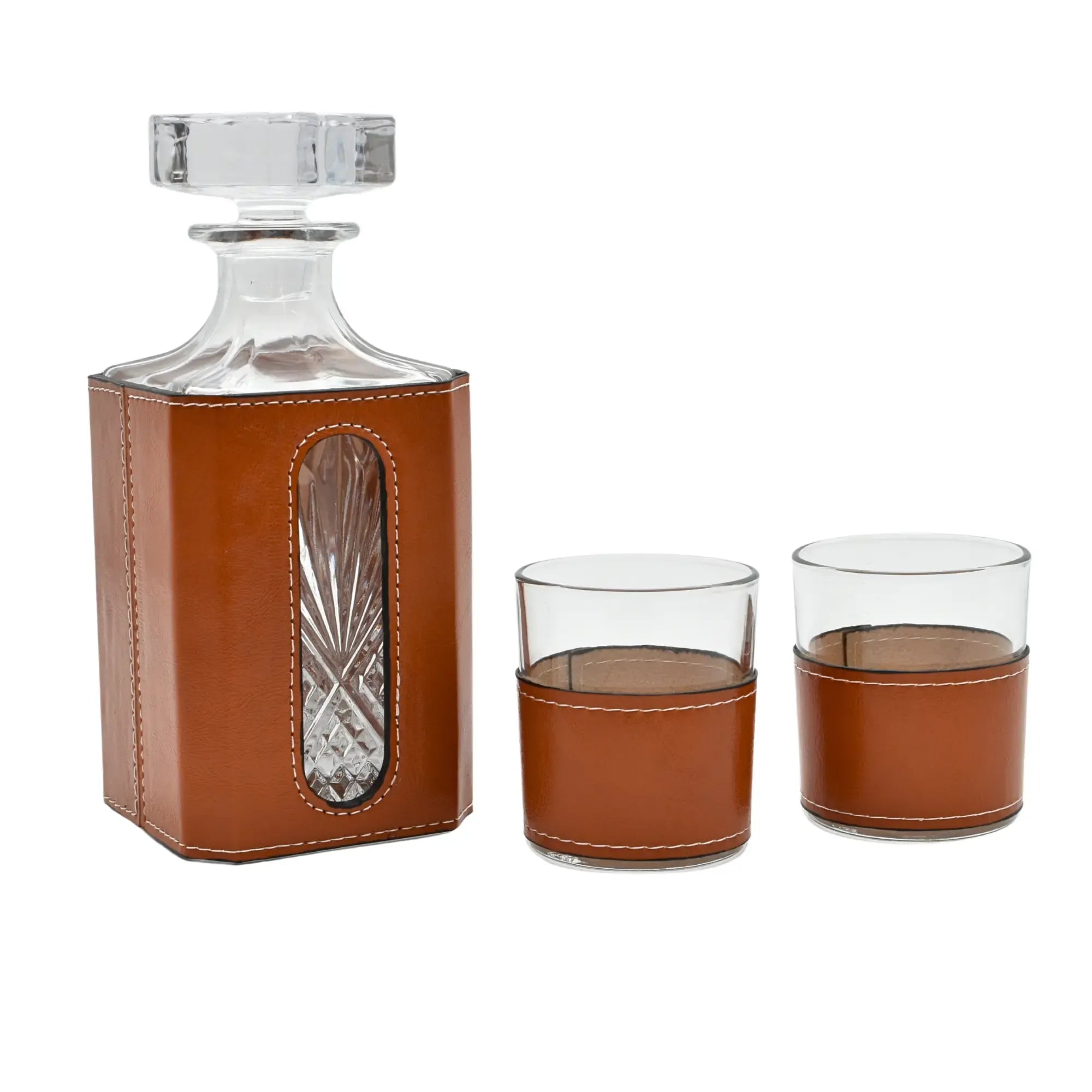 Whisky-Karaffen-Set - aus 3 Teilen mit Leder - Modernes Whiskyglas-Set Kunstlederumrandung Luxe Cognac