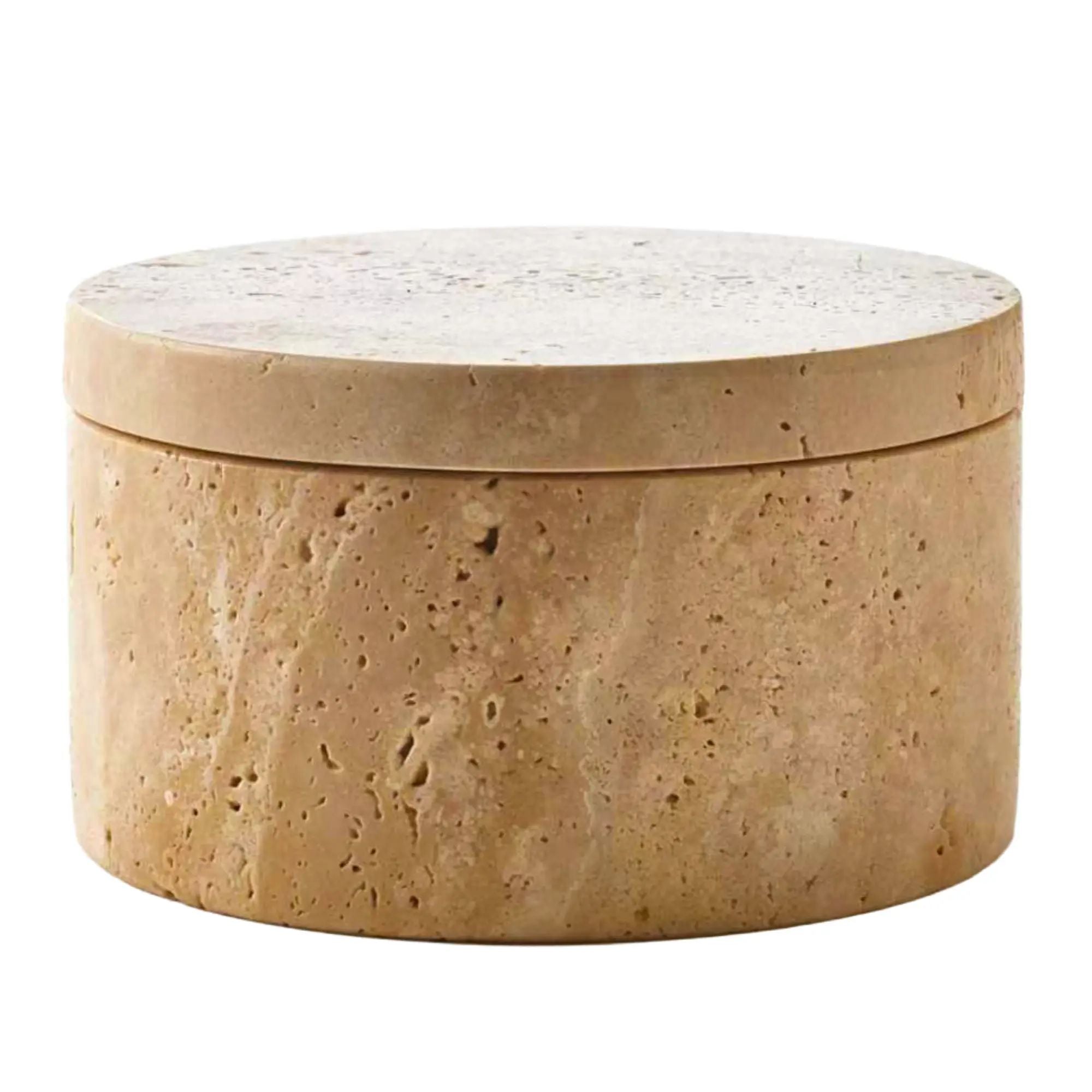 Schmuckkästchen - Runde Aufbewahrungsdose – Travertin Naturstein mit Deckel – Minimalistische Schmuckbox Designobjekt Pietra Siena Nan