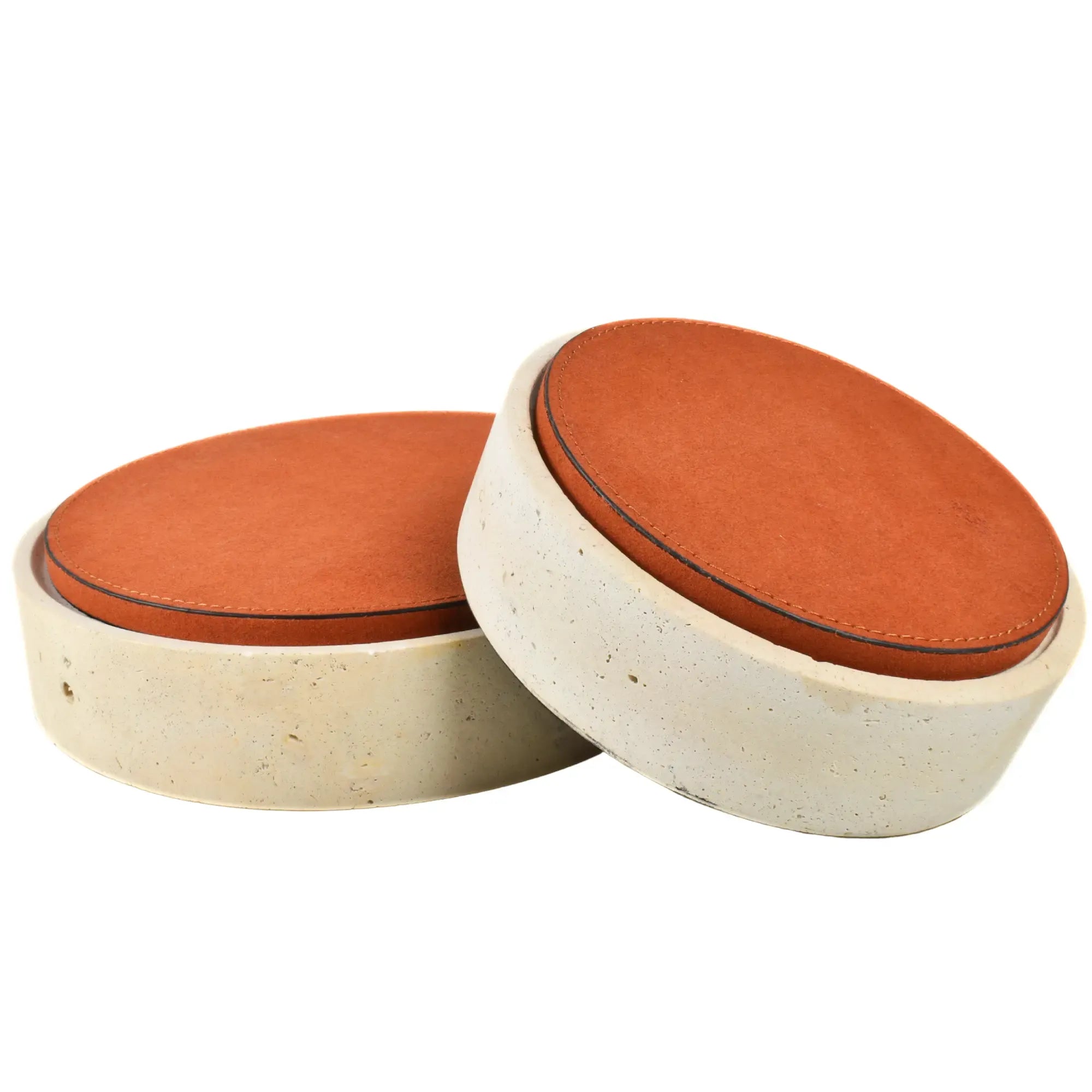 Travertin-Dose - rund mit Lederdeckel - Terracotta Aufbewahrungsdose Naturstein Schmuckbox Linea Luxe