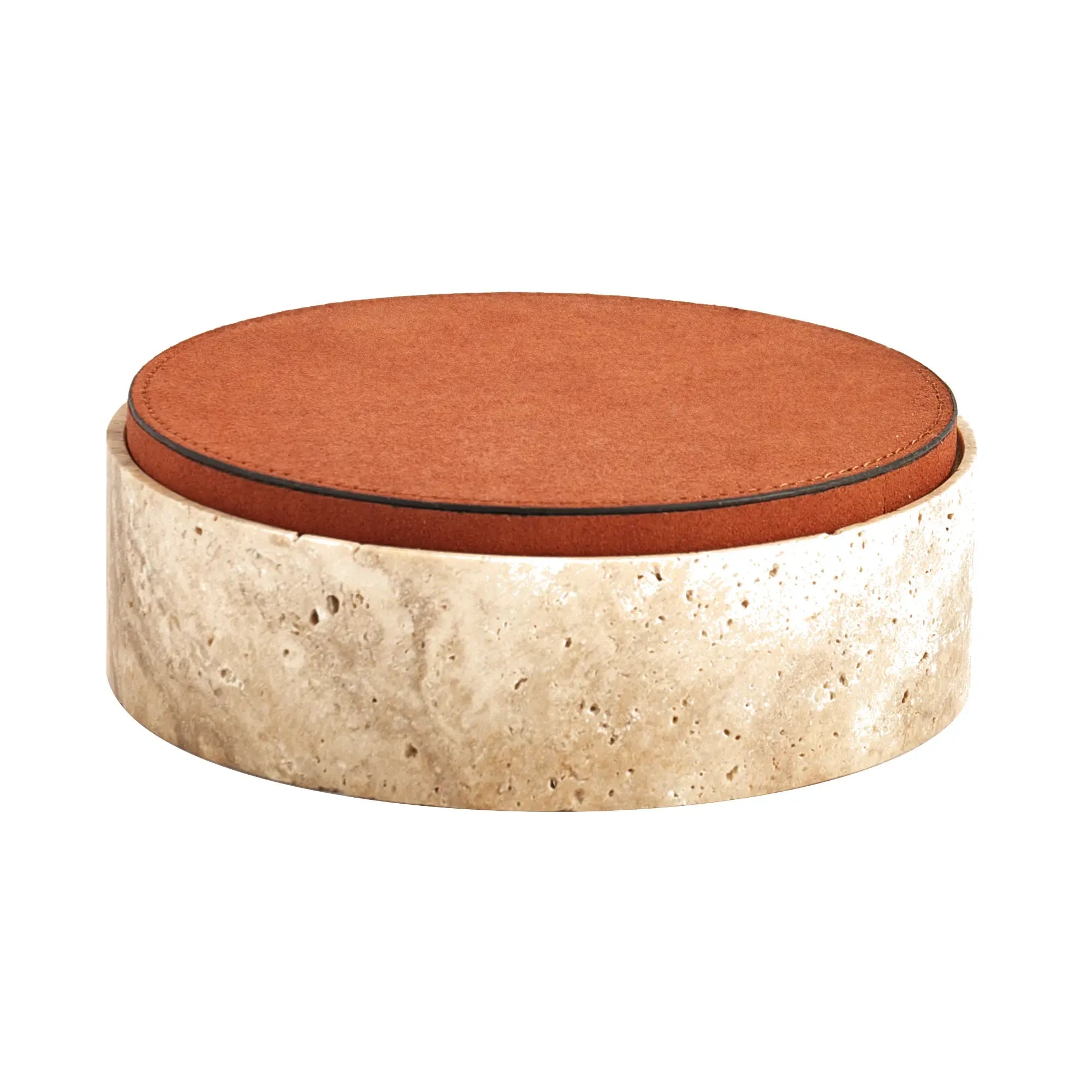 Travertin-Dose - rund mit Lederdeckel - Terracotta Aufbewahrungsdose Naturstein Schmuckbox Linea Luxe