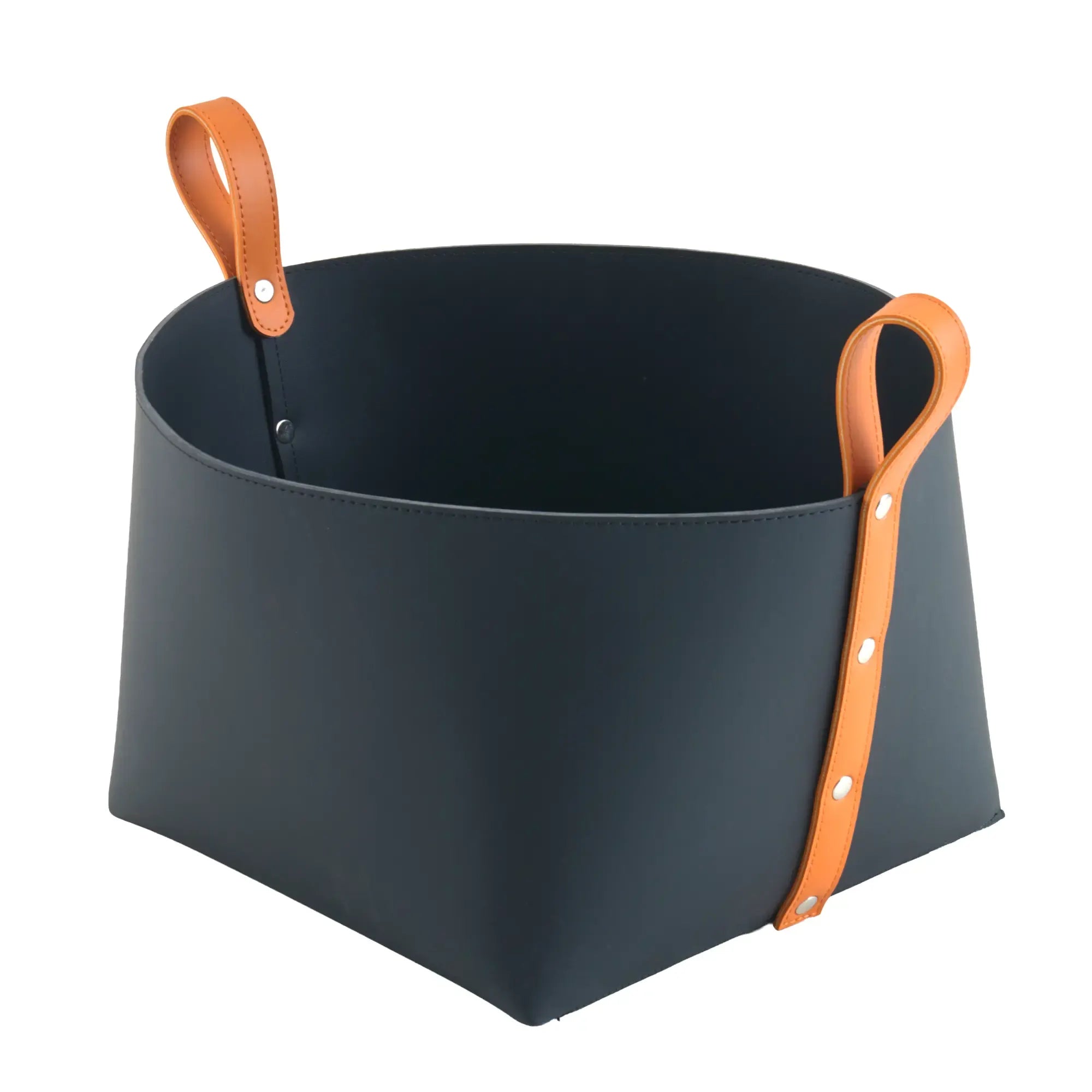 Wäschekorb - Lederkorb Skulpturaler Aufbewahrungskorb – Nachtblaues Leder mit cognacfarbenen Riemengriffen – Handgefertigtes Designobjekt Arca Nan