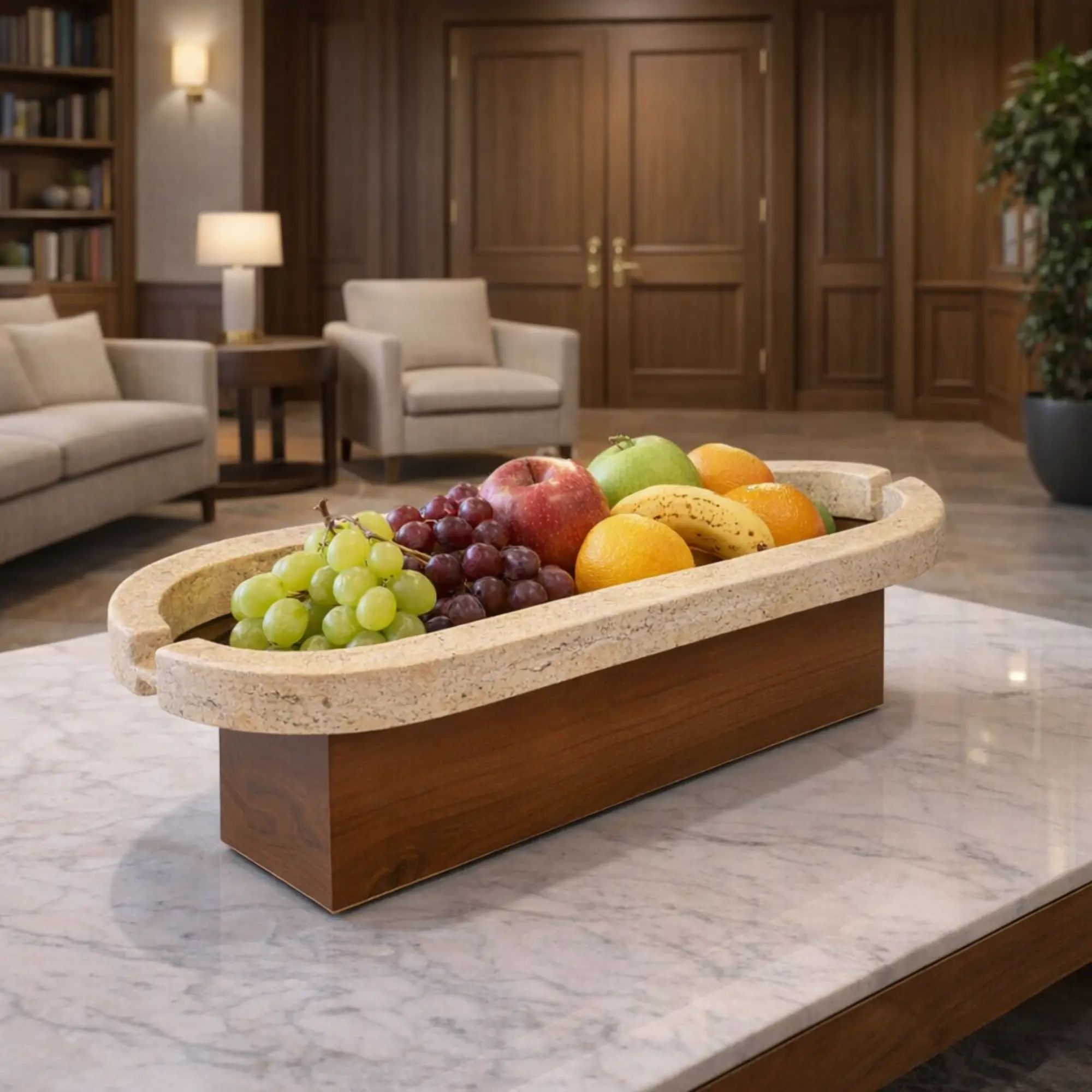 Standschale - rund auf Holzfuß - Obst- Dekoschale Travertinschale Numa Oval