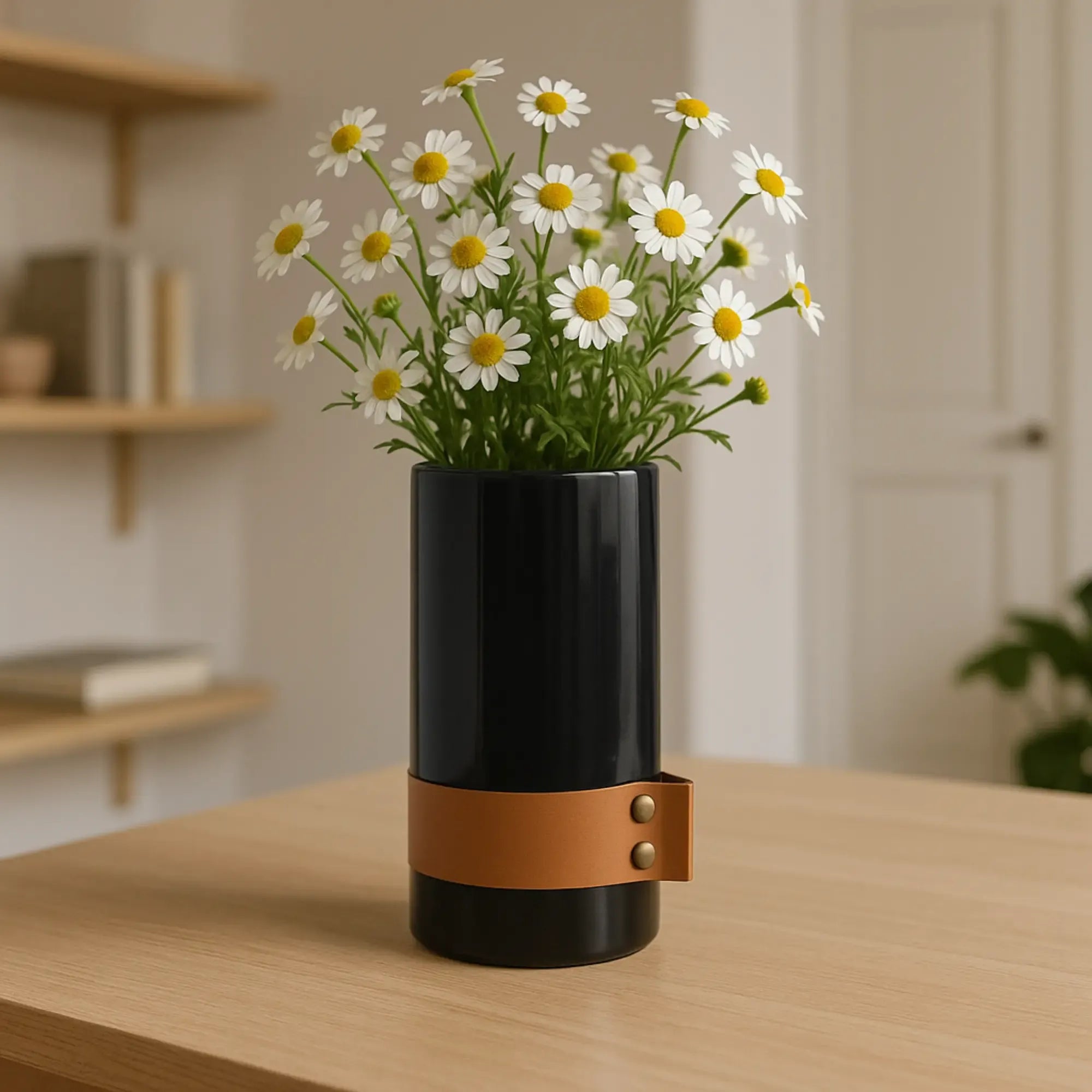 Marmorvase - rund mit Lederakzent - Kleine Tischvase Deko-Vase Stifthalter Marble Luxe Schwarz-Groß