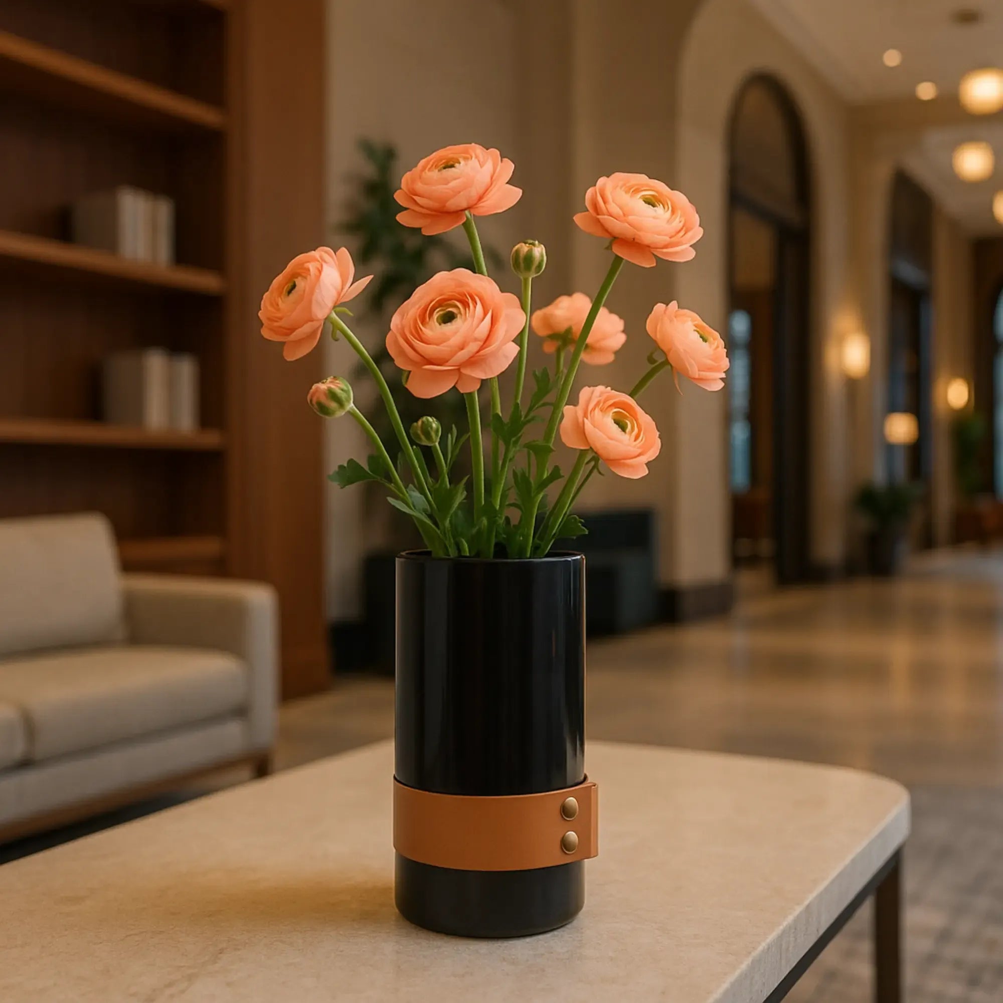 Marmorvase - rund mit Lederakzent - Kleine Tischvase Deko-Vase Stifthalter Marble Luxe Schwarz-Groß