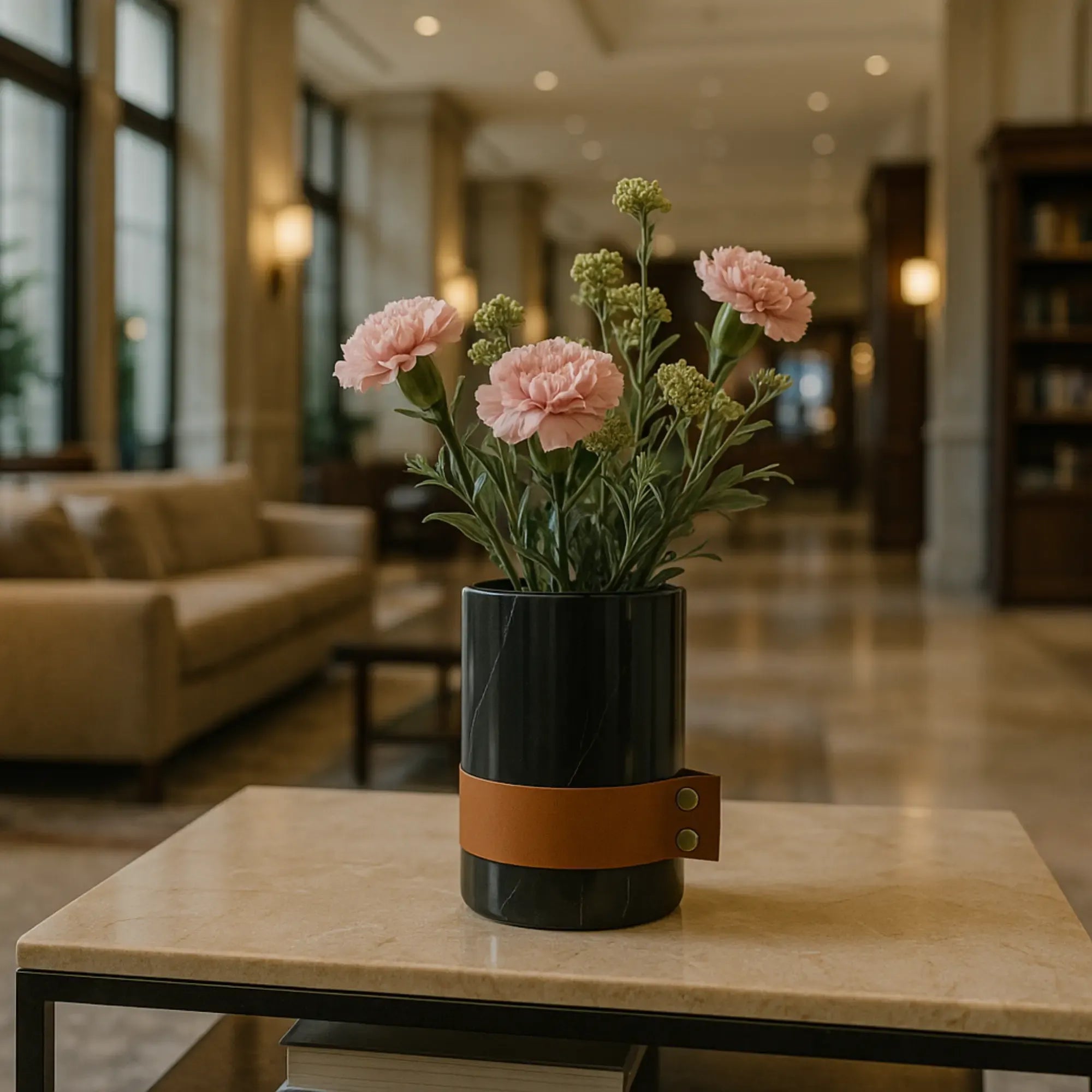 Marmorvase - rund mit Lederakzent - Kleine Tischvase Deko-Vase Stifthalter Marble Luxe Schwarz-Klein