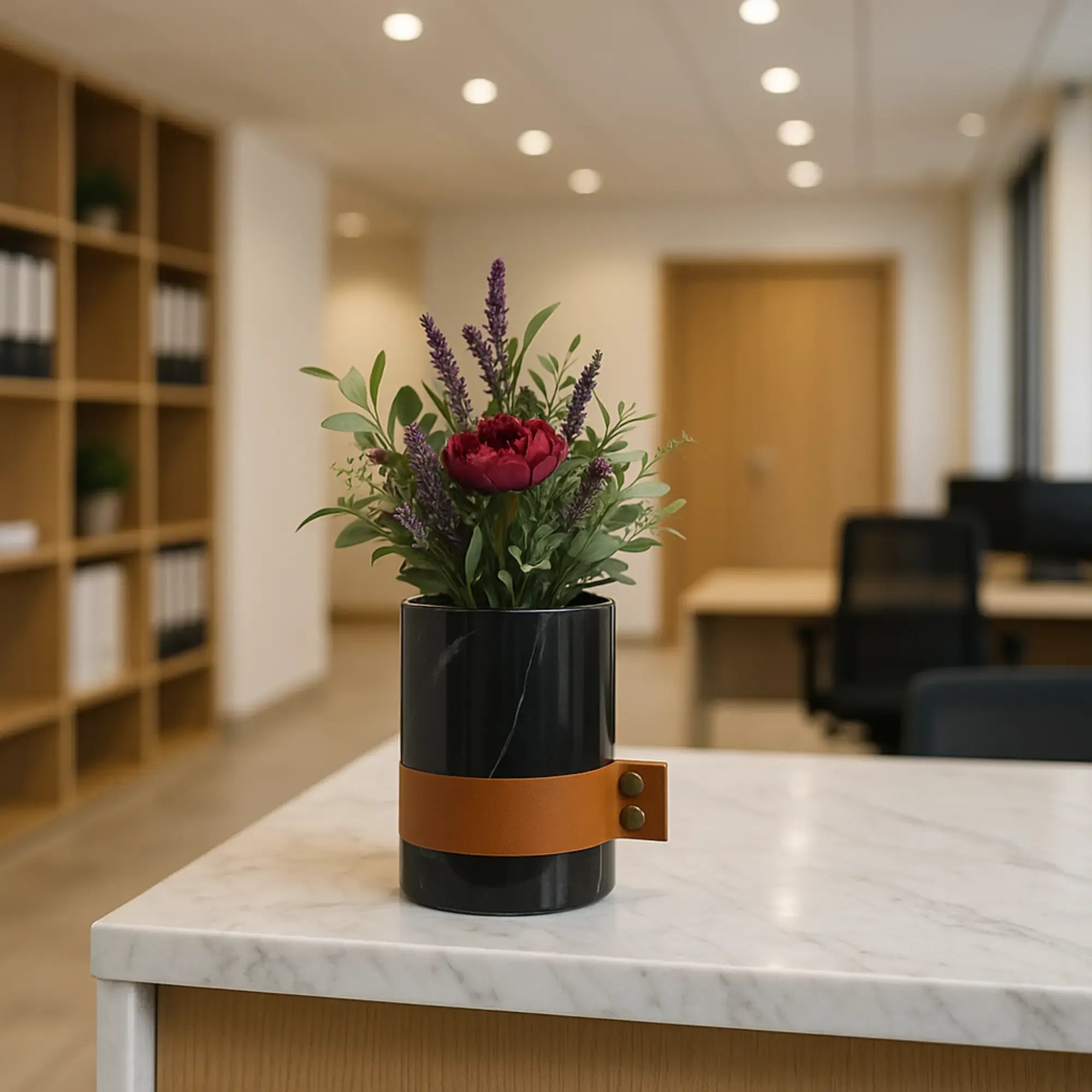 Marmorvase - rund mit Lederakzent - Kleine Tischvase Deko-Vase Stifthalter Marble Luxe Schwarz-Klein