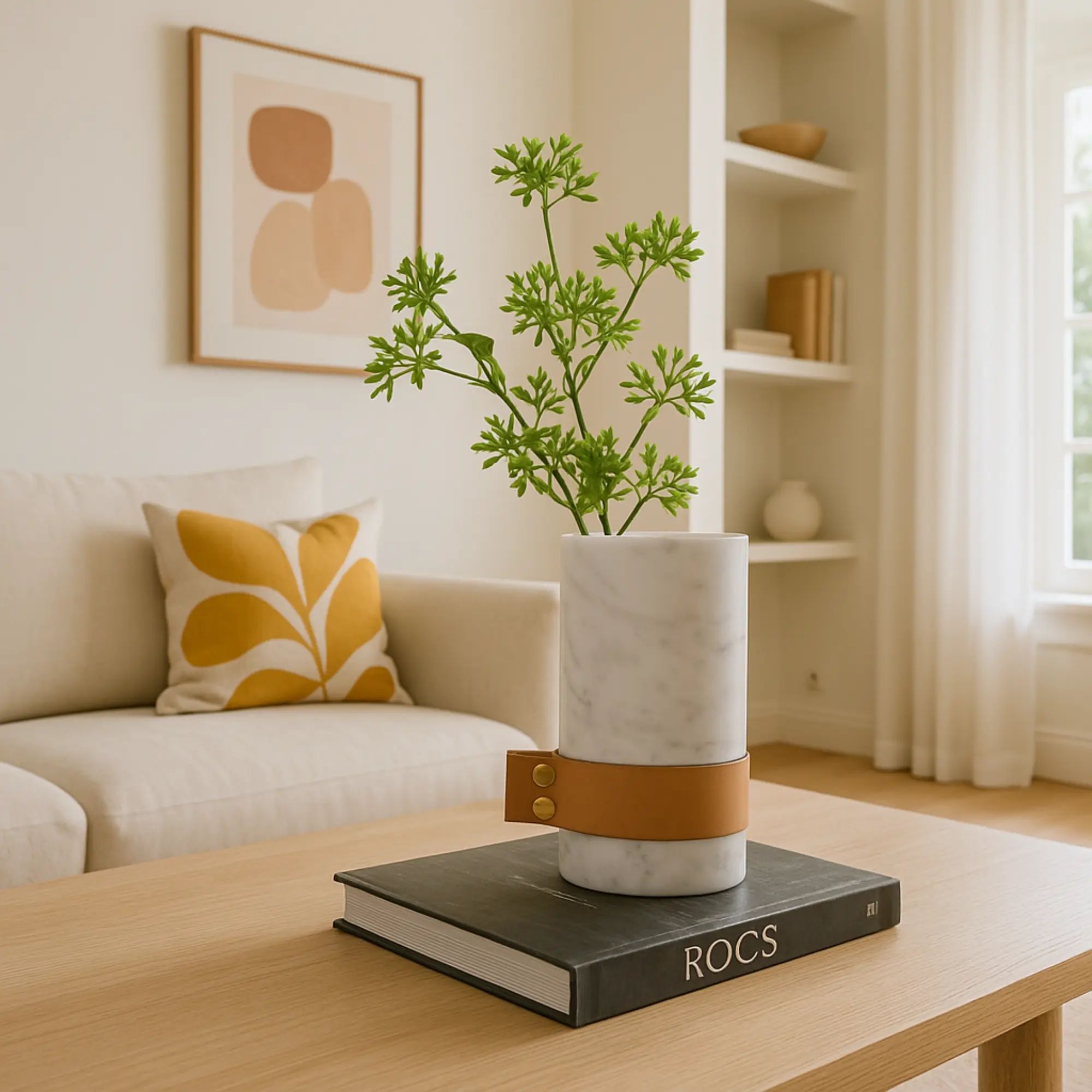 Marmorvase - rund mit Lederakzent - Kleine Tischvase Deko-Vase Stifthalter Marble Luxe Weiß-Groß