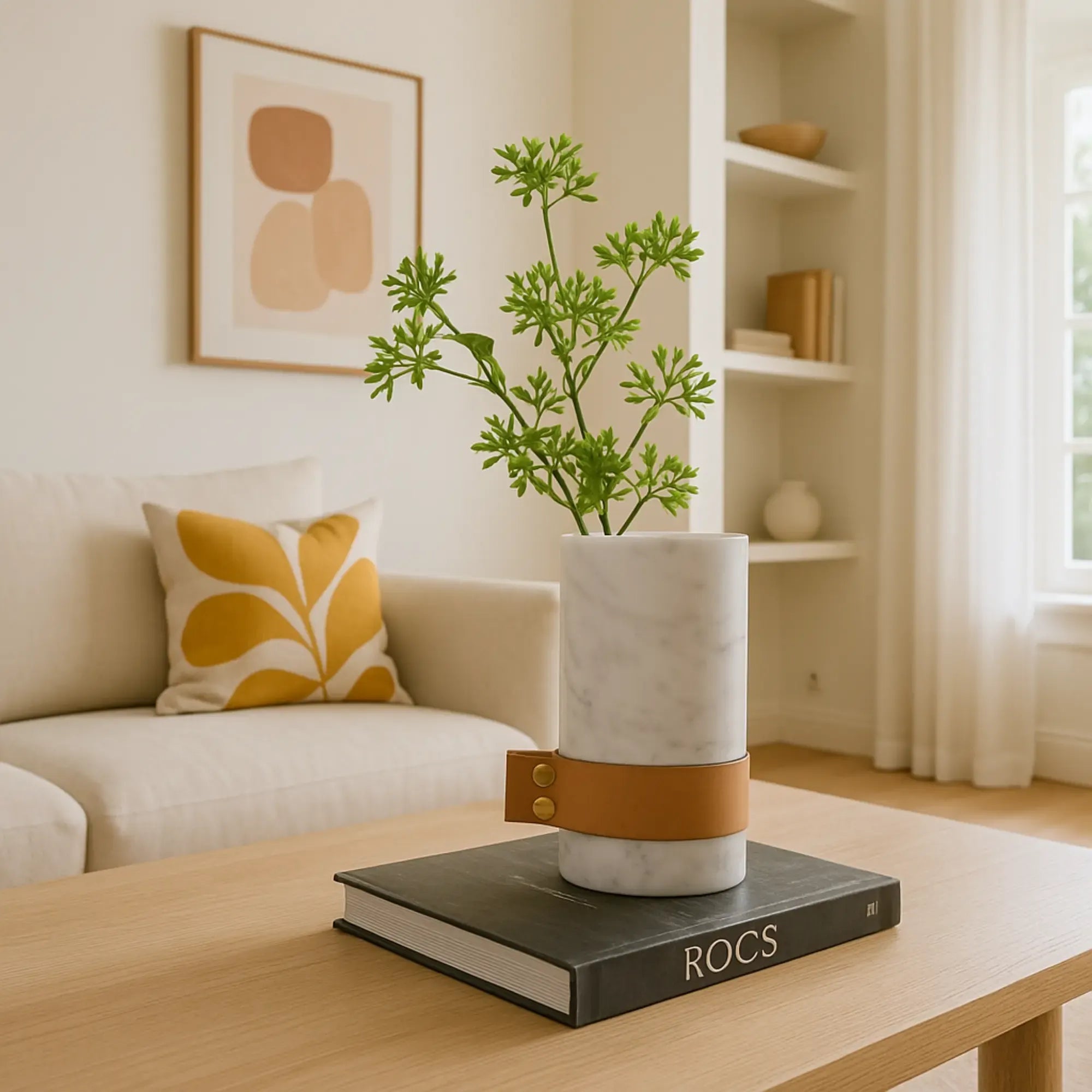 Marmorvase - rund mit Lederakzent - Kleine Tischvase Deko-Vase Stifthalter Marble Luxe Weiss-Groß