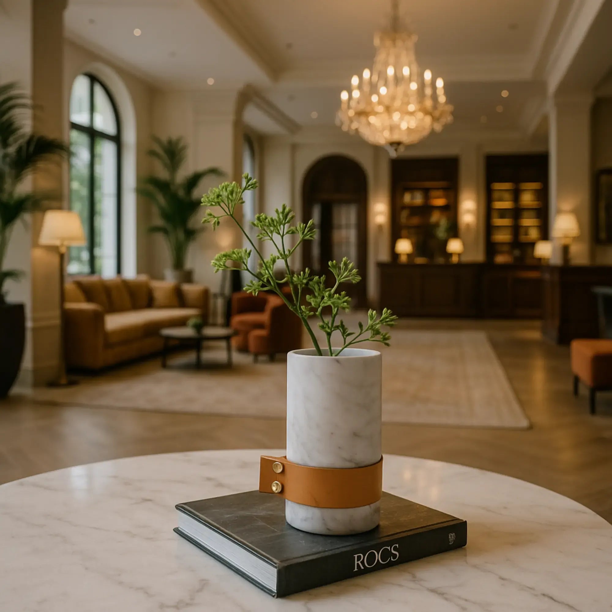 Marmorvase - rund mit Lederakzent - Kleine Tischvase Deko-Vase Stifthalter Marble Luxe Weiss-Groß