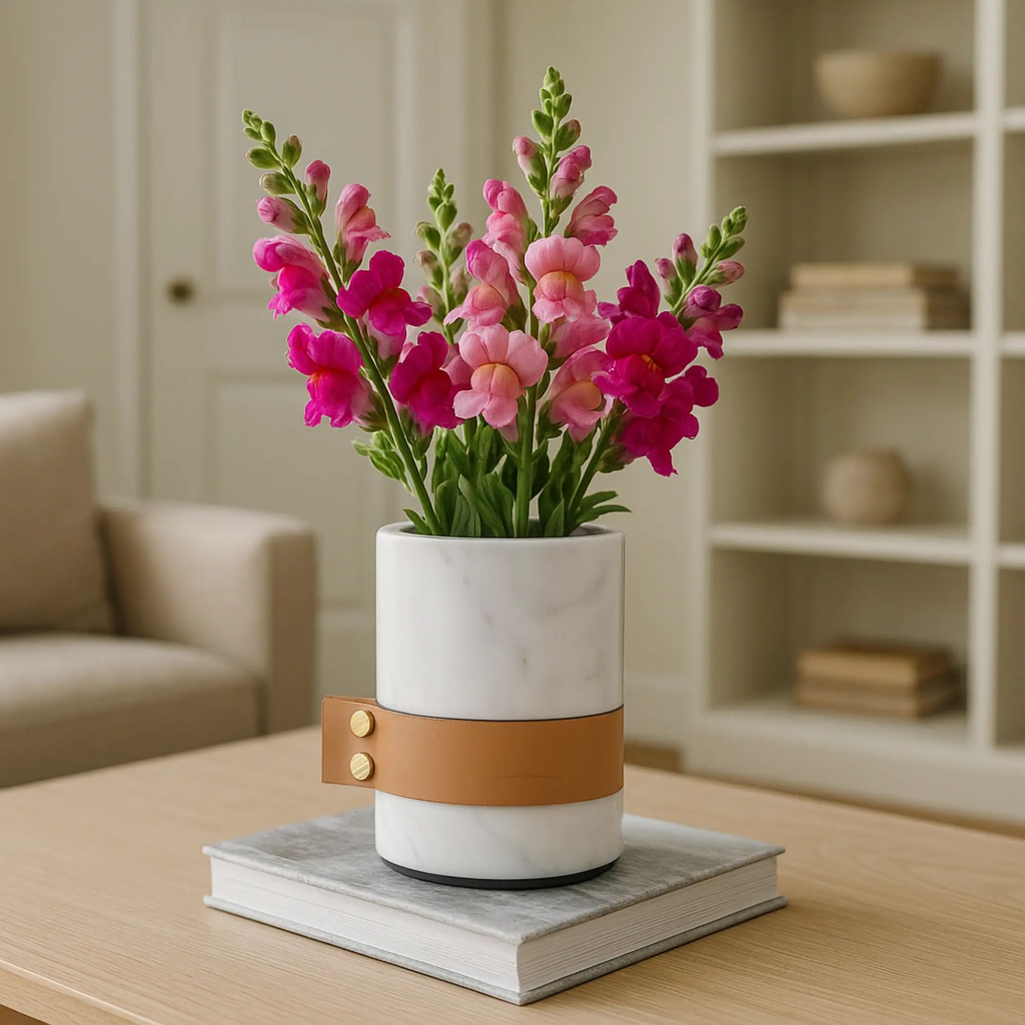 Marmorvase - rund mit Lederakzent - Kleine Tischvase Deko-Vase Stifthalter Marble Luxe Weiß-Klein