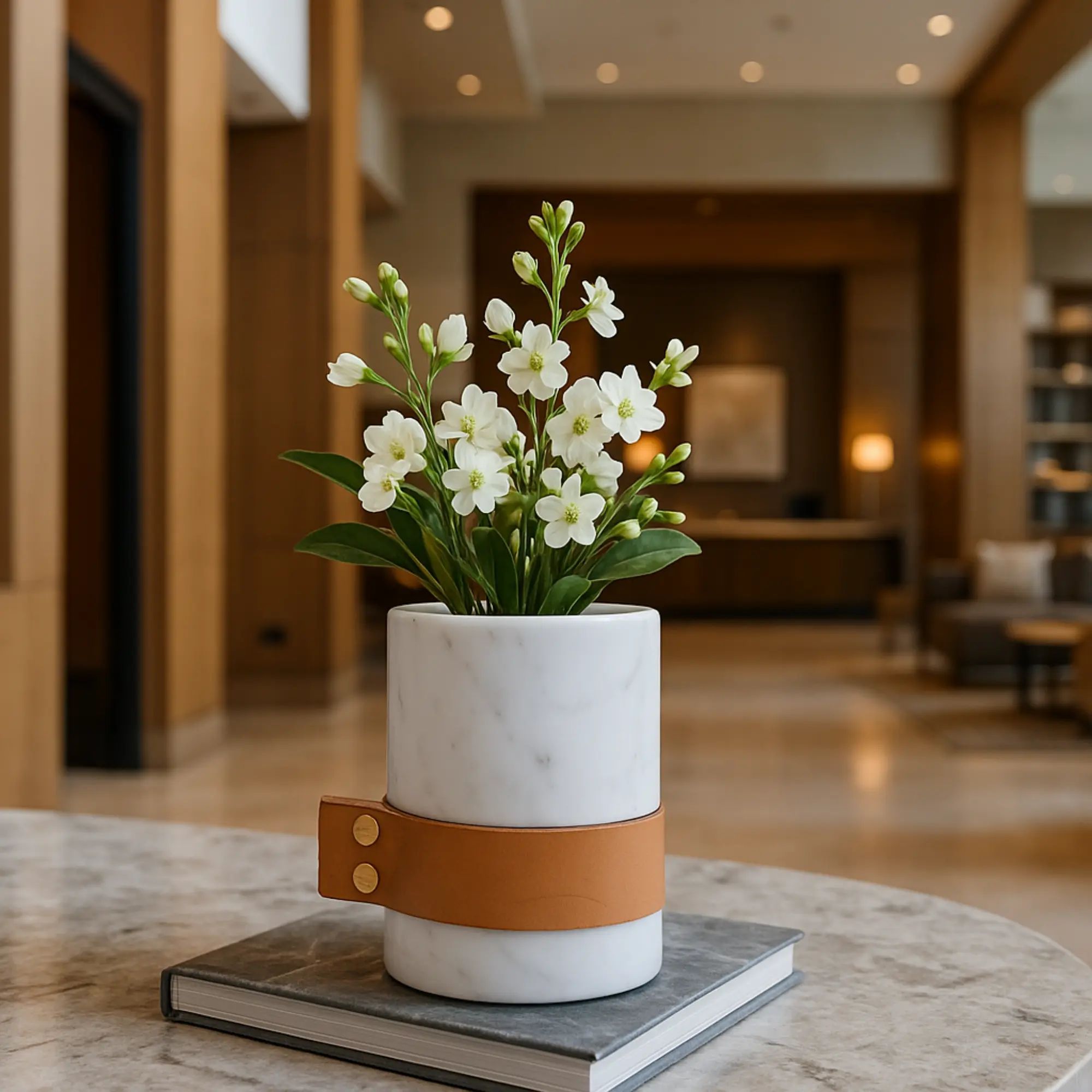 Marmorvase - rund mit Lederakzent - Kleine Tischvase Deko-Vase Stifthalter Marble Luxe Weiß-Klein