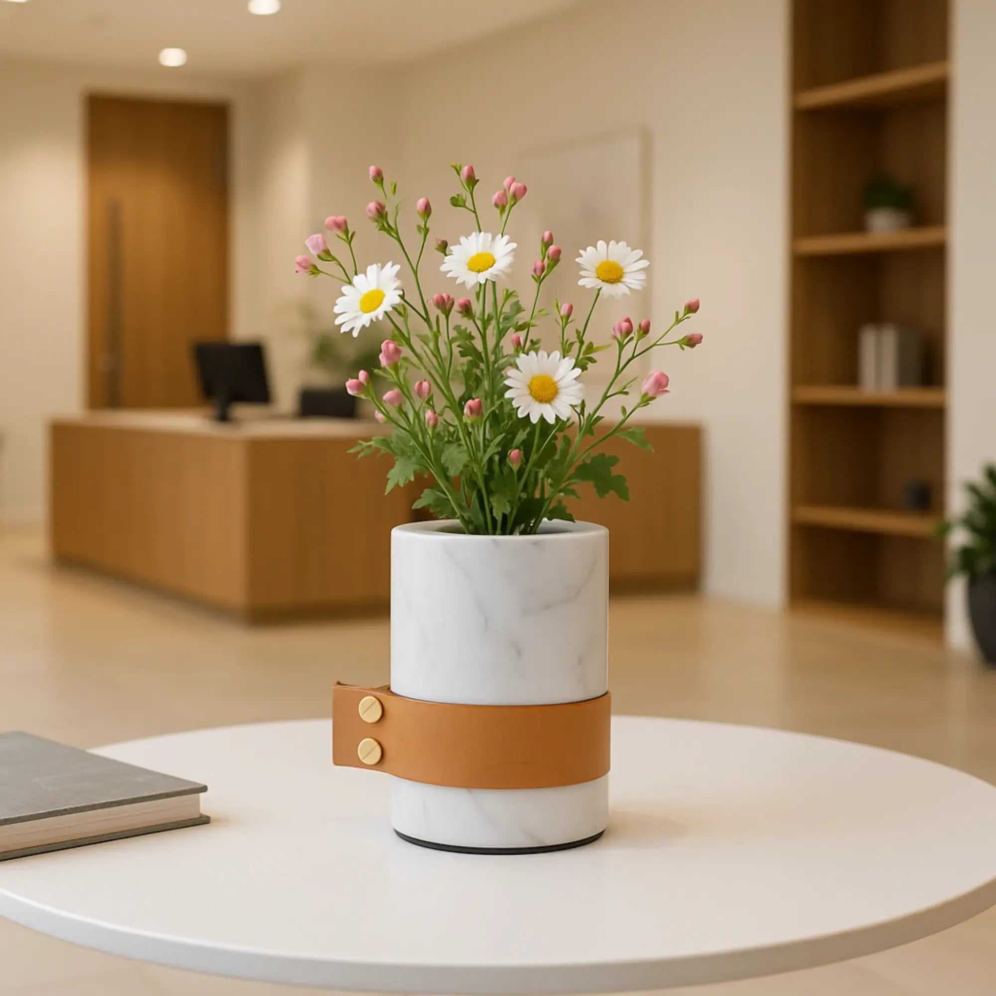 Marmorvase - rund mit Lederakzent - Kleine Tischvase Deko-Vase Stifthalter Marble Luxe Weiss-Klein