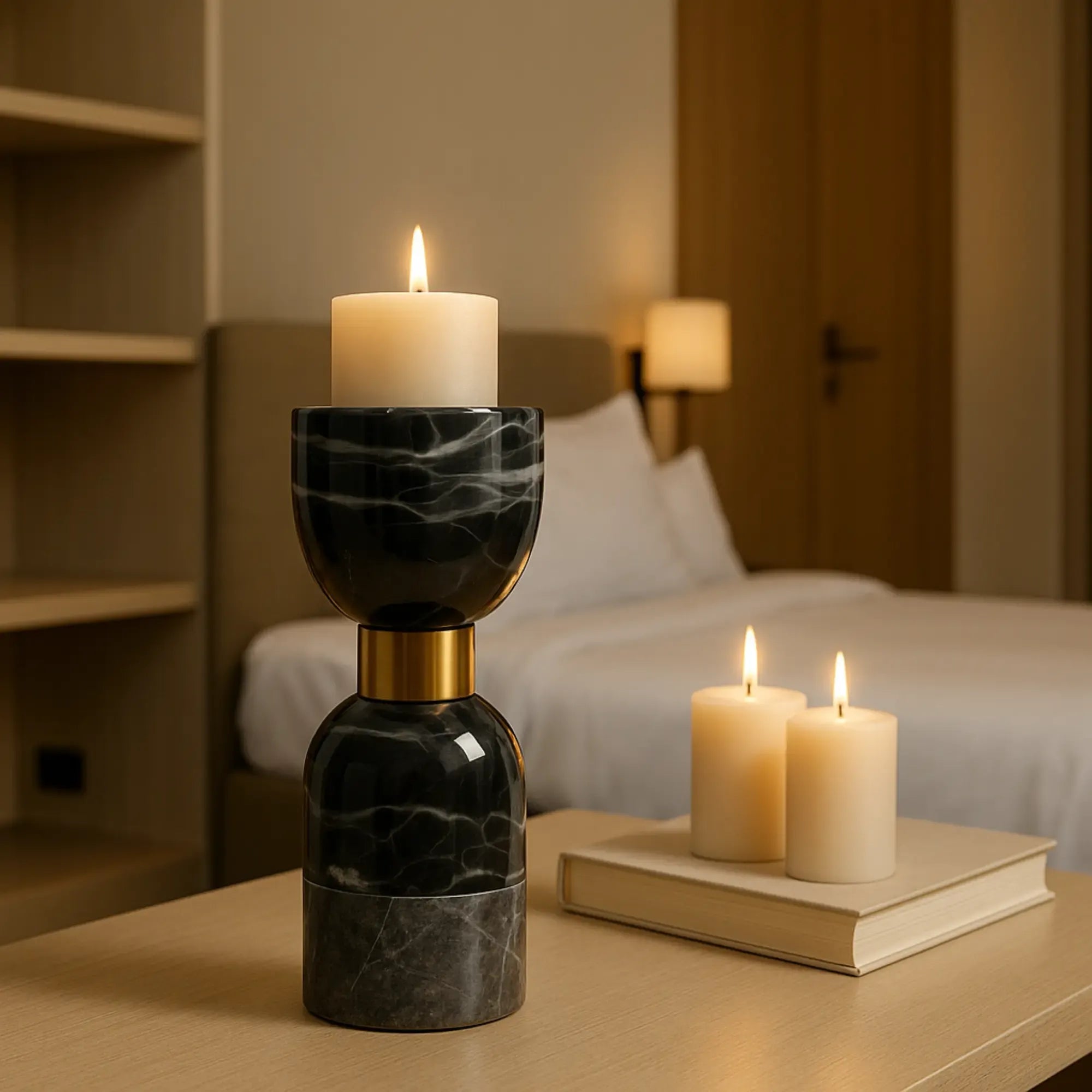 Kerzenständer - Marmor mit Goldakzent - Tischdeko Kerzenhalter edles Kerzenleuchter Obsidian Elegance Klein