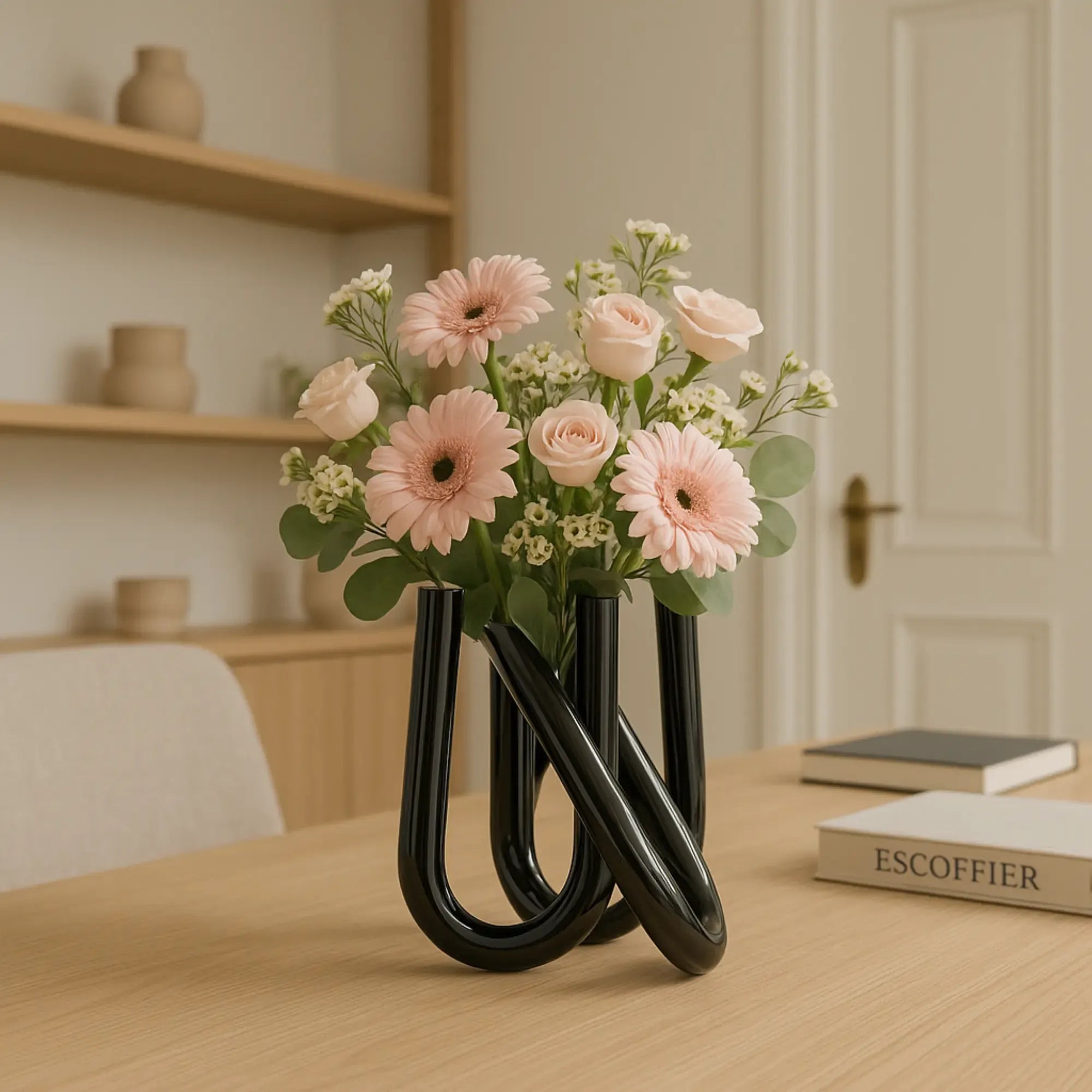 Edelstahlvase - U-Förmig - 6 Öffnungen Tischvase mit 3 Vasenarmen moderne Vaso Eterno GunMetal