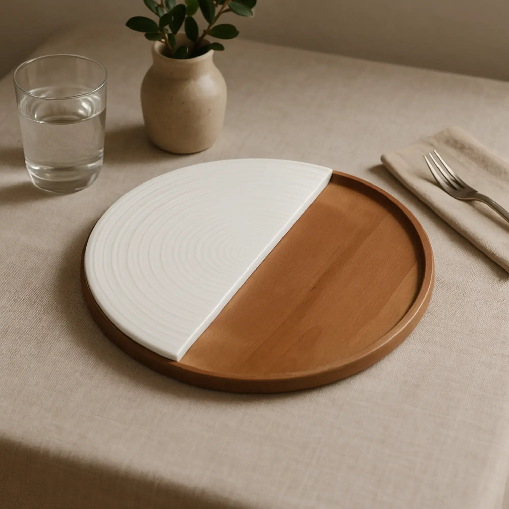 Rundes-Tablett - Walnuss mit Marmor 35cm - Edles Deko-Tablett Serviertablett aus Walnussholz Plateau Lunaire