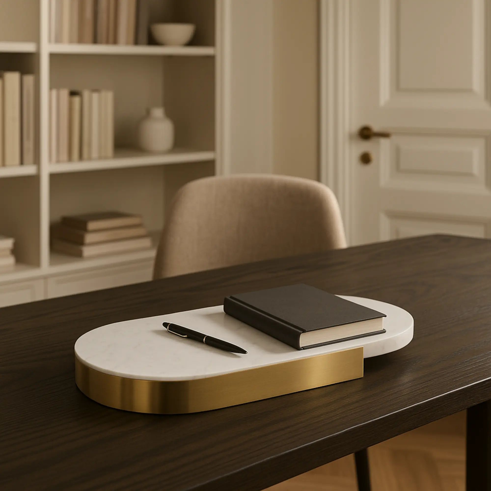 Marmortablett - oval mit Goldkante - Luxus Serviertablett Dekorationsplatte Plateau Élégance Groß