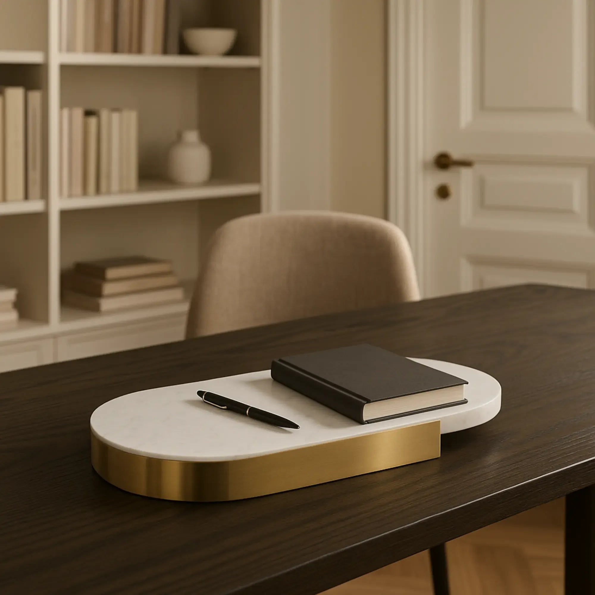 Marmortablett - oval mit Goldkante - Luxus Serviertablett Dekorationsplatte Plateau Élégance Groß