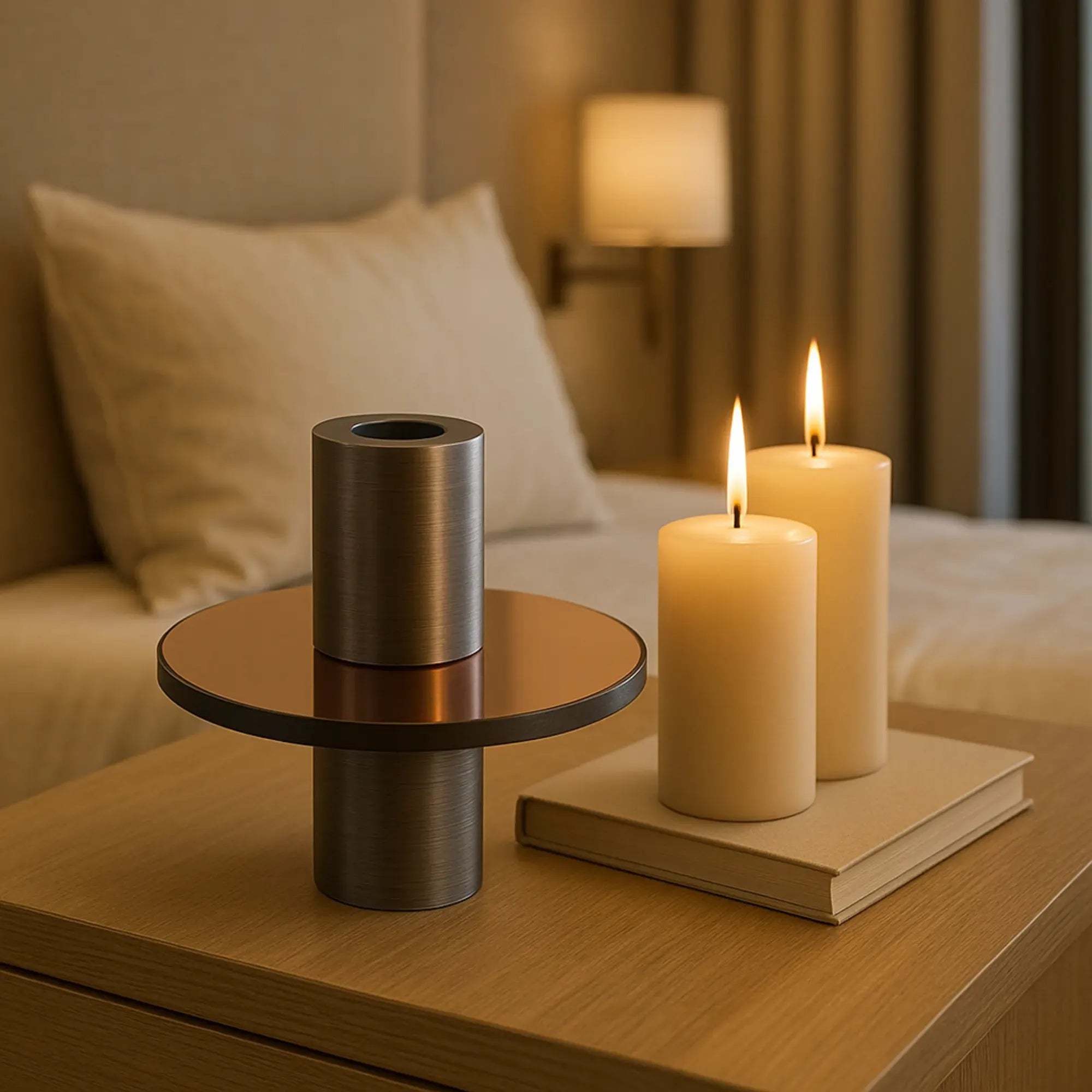Kerzenständer - mit Kupfer Glasplatte - Design Kerzenhalter rund Edelstahl Portacandela Giro