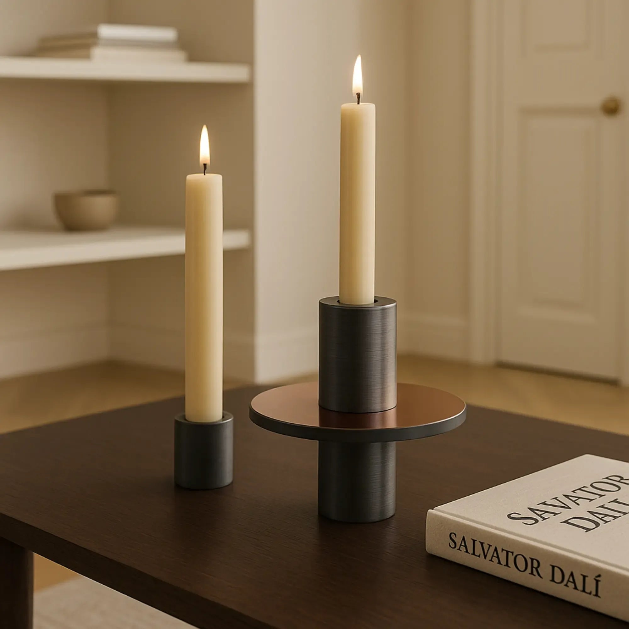 Kerzenständer - mit Kupfer Glasplatte - Design Kerzenhalter rund Edelstahl Portacandela Giro