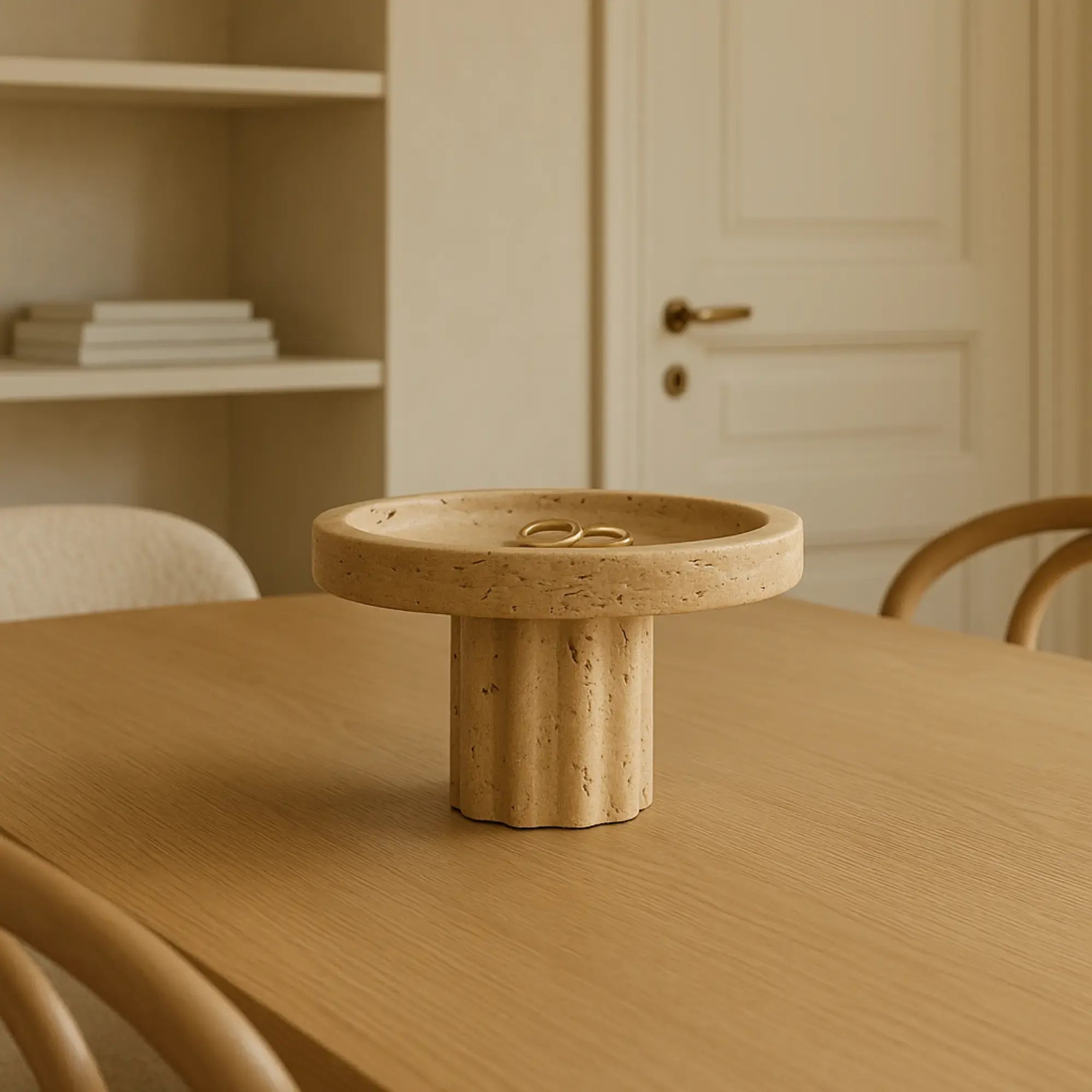 Travertindeko-Schale - rund 19cm auf Fuß - Edle Servierplatte Deko Sockelschale Coppa Romana Rund