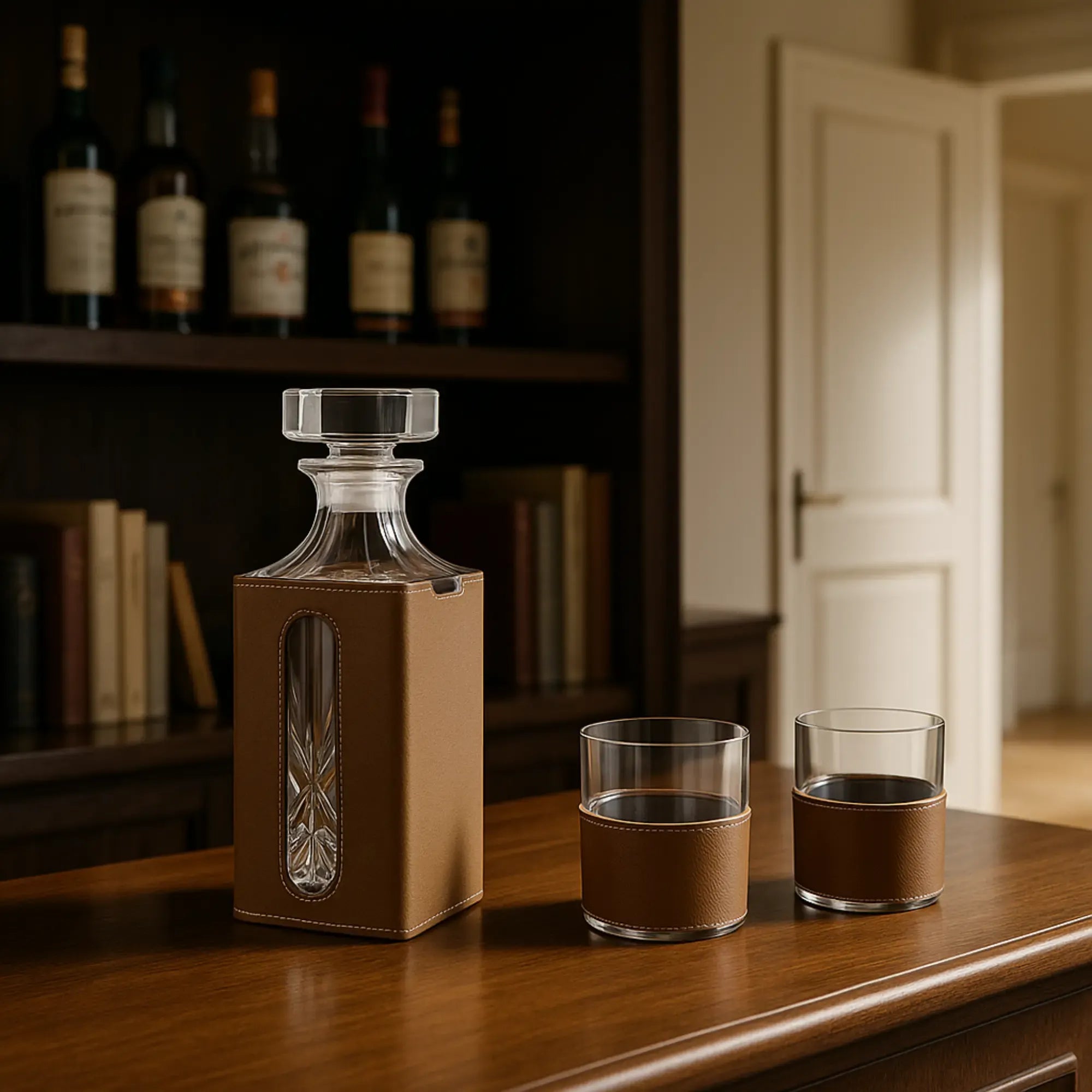 Whisky-Karaffen-Set - aus 3 Teilen mit Leder - Modernes Whiskyglas-Set Kunstlederumrandung Luxe Braun