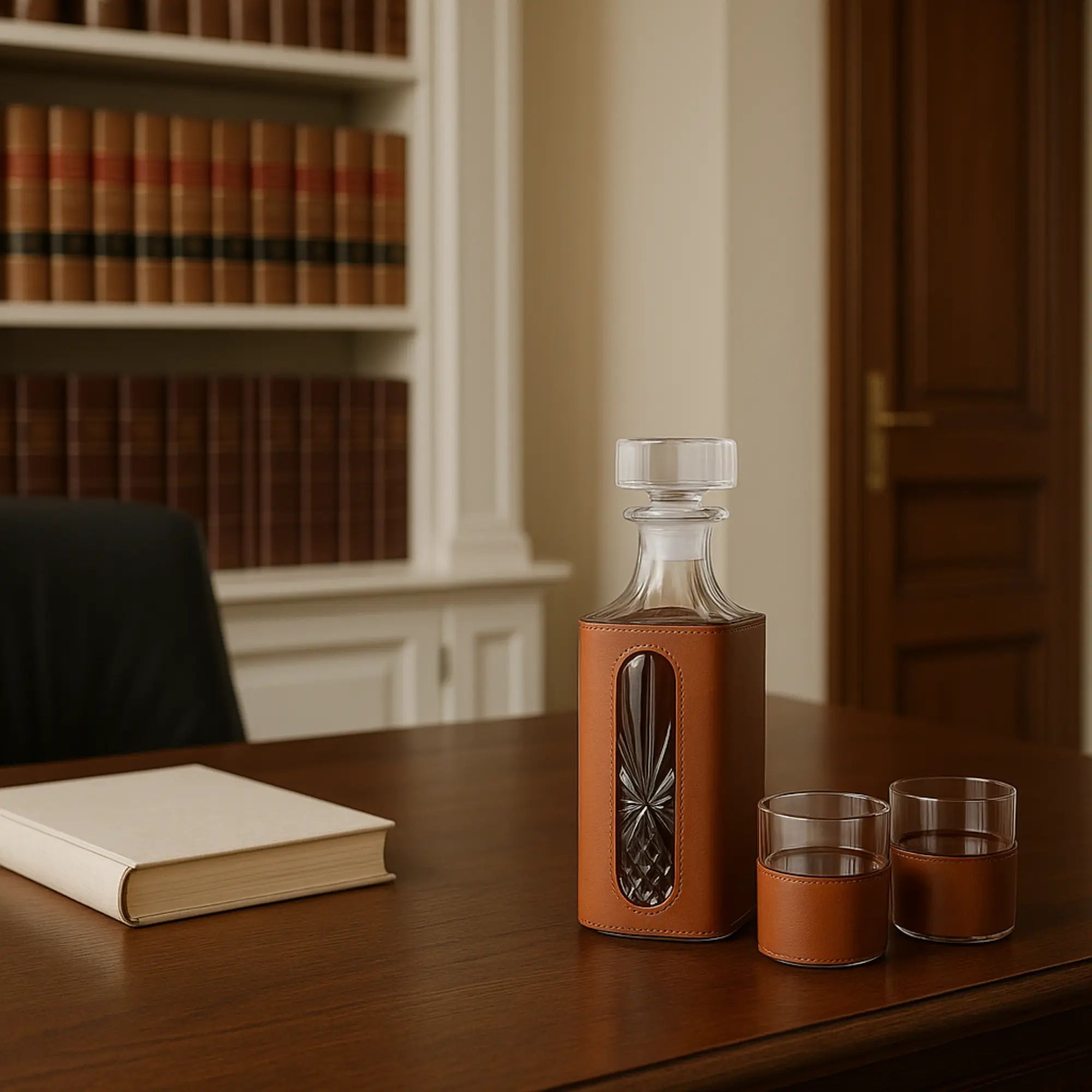 Whisky-Karaffen-Set - aus 3 Teilen mit Leder - Modernes Whiskyglas-Set Kunstlederumrandung Luxe Cognac