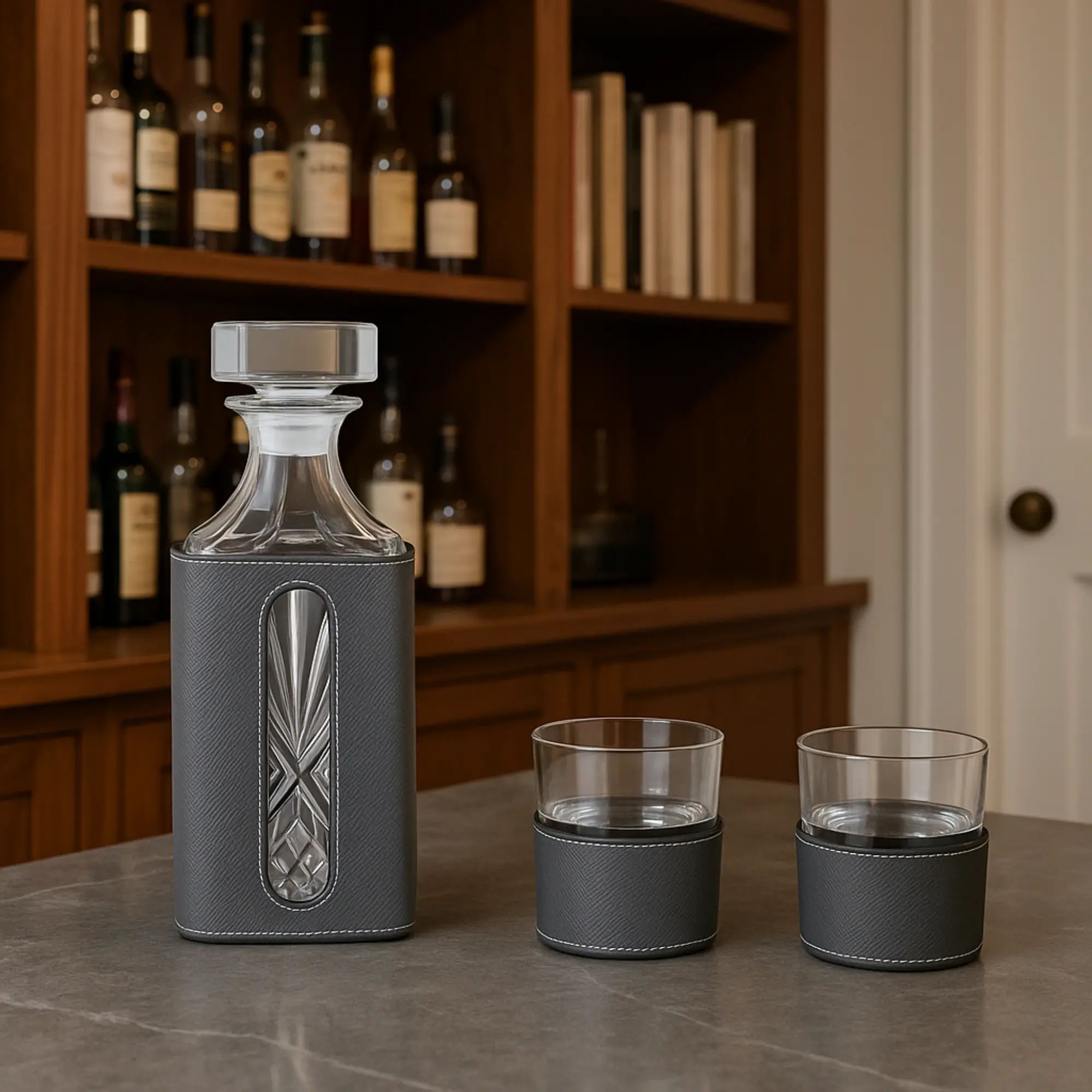 Whisky-Karaffen-Set - aus 3 Teilen mit Leder - Modernes Whiskyglas-Set Kunstlederumrandung Luxe Grau