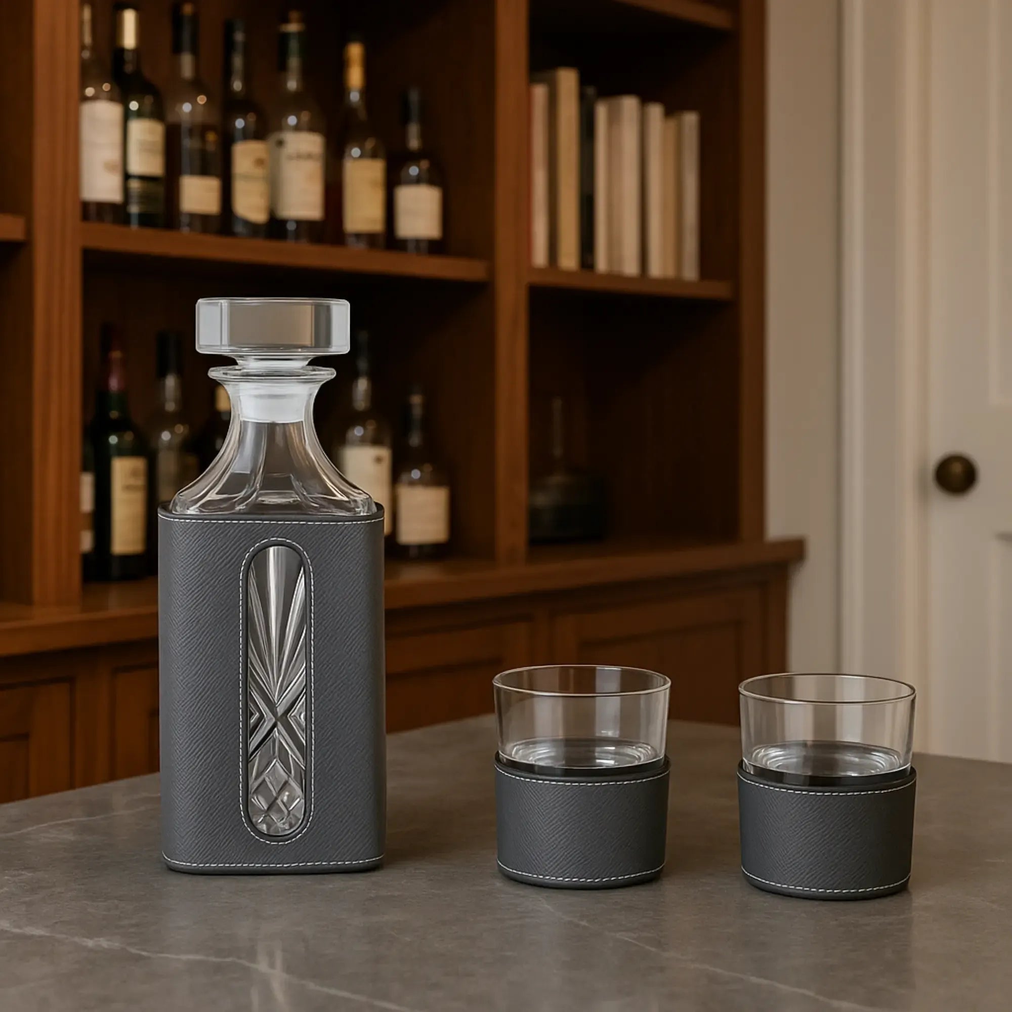 Whisky-Karaffen-Set - aus 3 Teilen mit Leder - Modernes Whiskyglas-Set Kunstlederumrandung Luxe Grau
