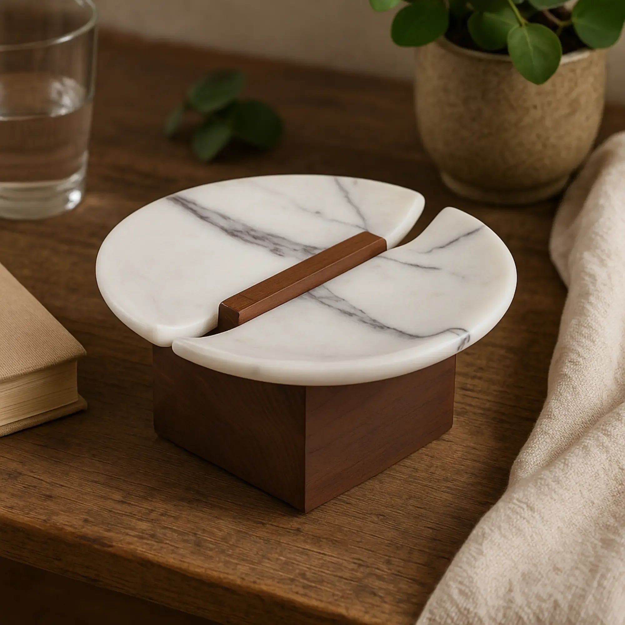 Marmorschale - auf Holzfuß - Design Dekoschale hochwertige Tischdeko Marbre Élégance Klein