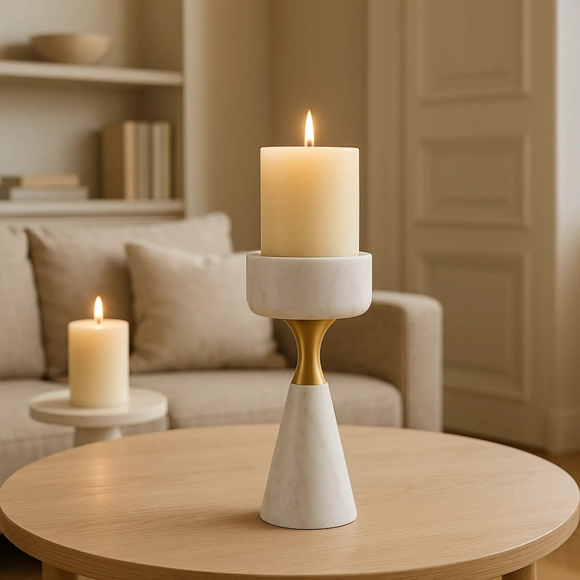 Kerzenständer - für Blockkerzen - Marmor-Kerzenhatler mit Goldakzent modern Tischdeko Lumière Groß