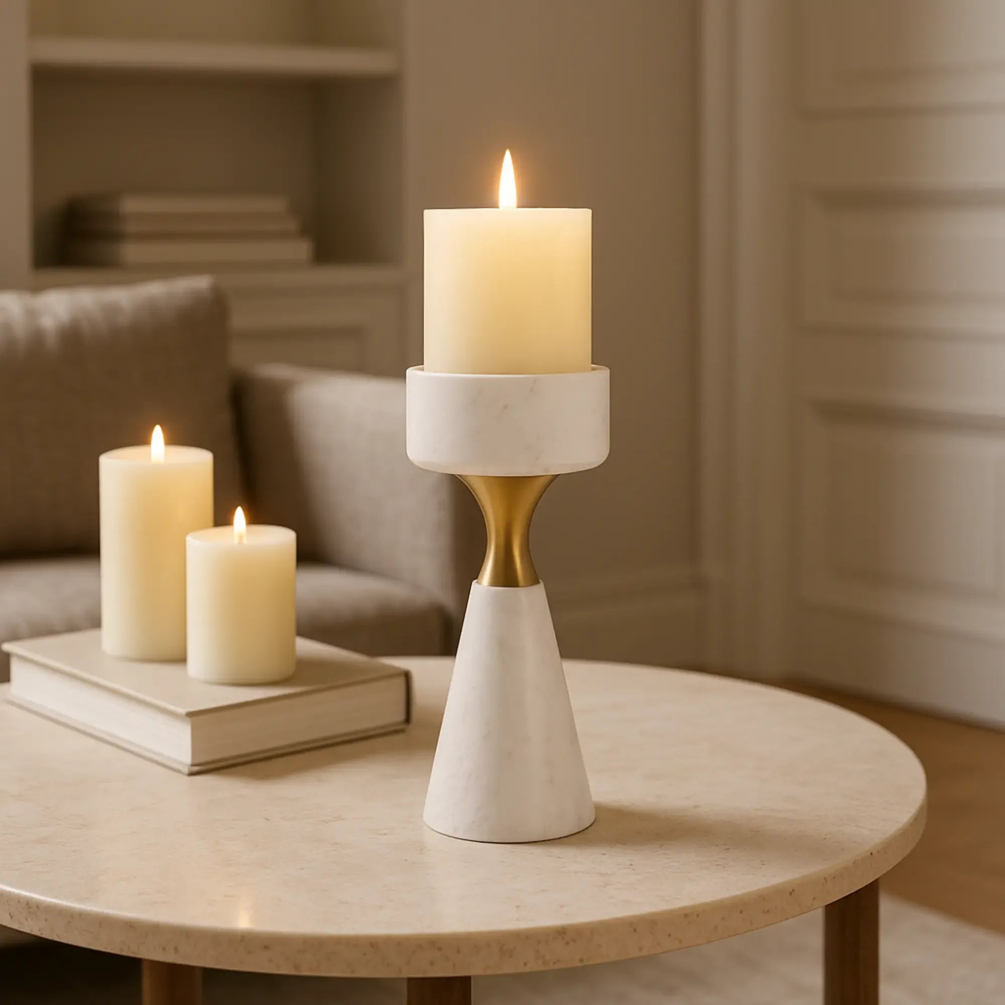 Kerzenständer - für Blockkerzen - Marmor-Kerzenhatler mit Goldakzent modern Tischdeko Lumière Groß