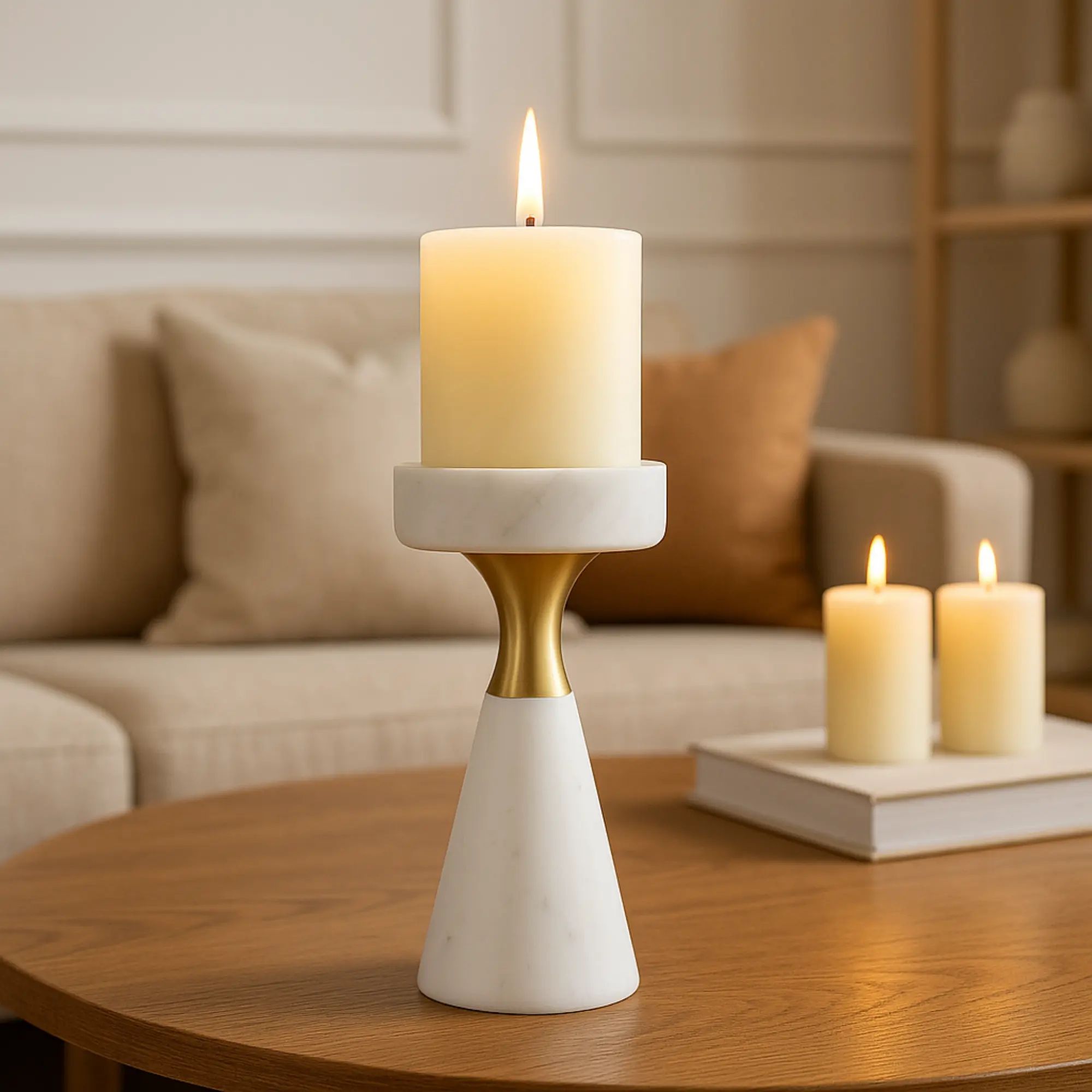 Kerzenständer - für Blockkerzen - Marmor-Kerzenhatler mit Goldakzent modern Tischdeko Lumière Klein