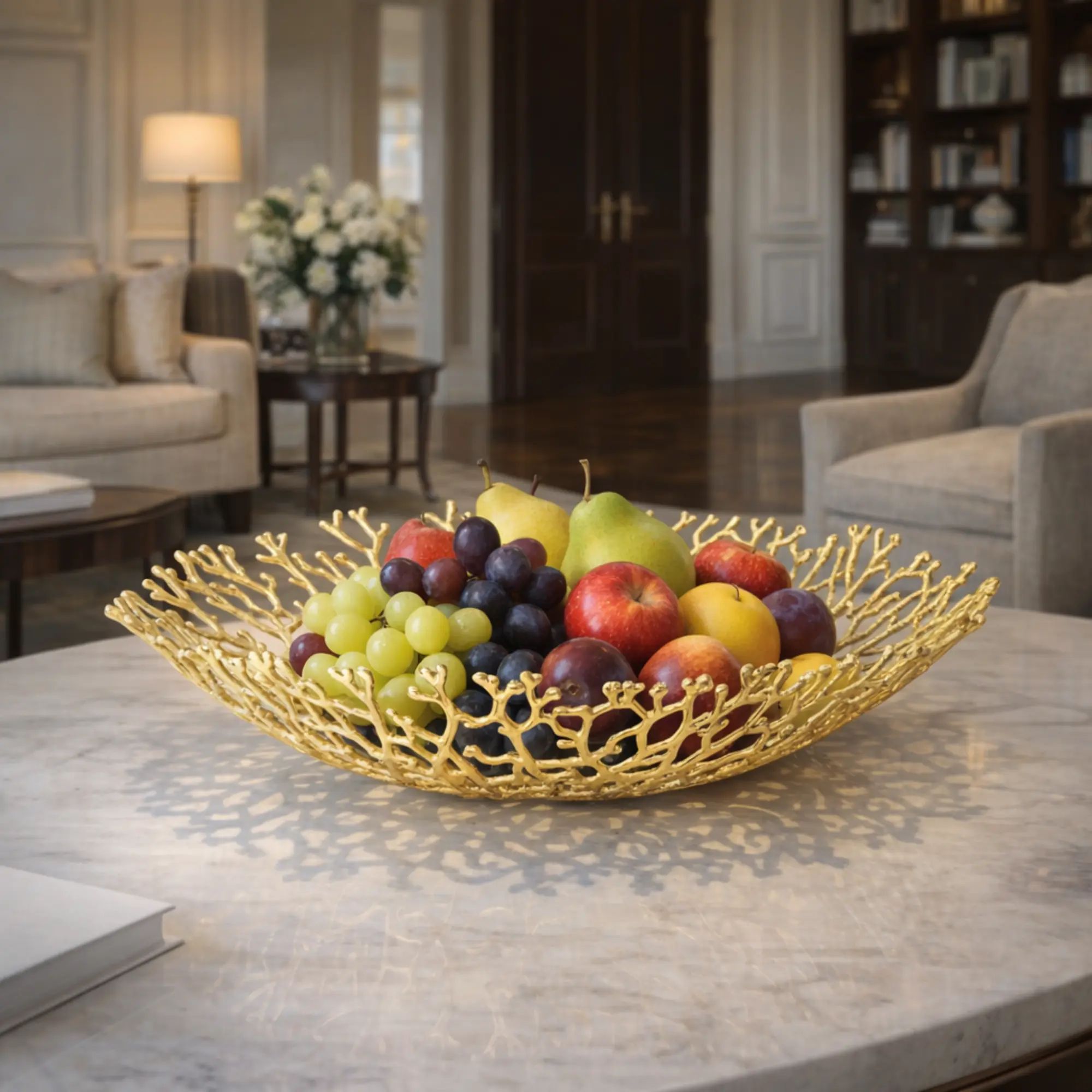 Obstschale - Korallenoptik - Edle Runde-Schale Design-Fruchschale Corallo Bowl Groß Gold