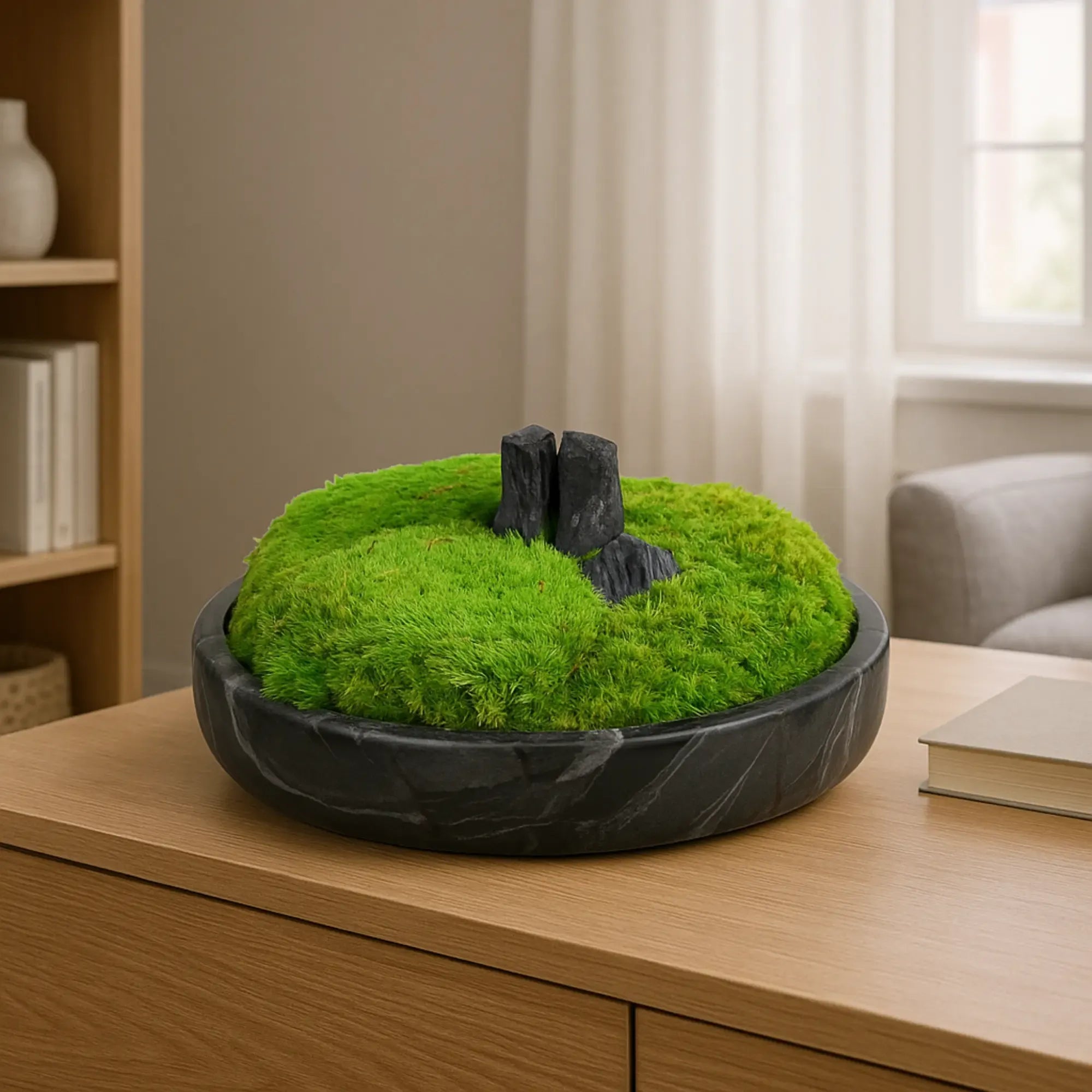 Moosdekoration - in Marmorschale - Runde Moos-Dekoschale mit Holzelement Terra Lux