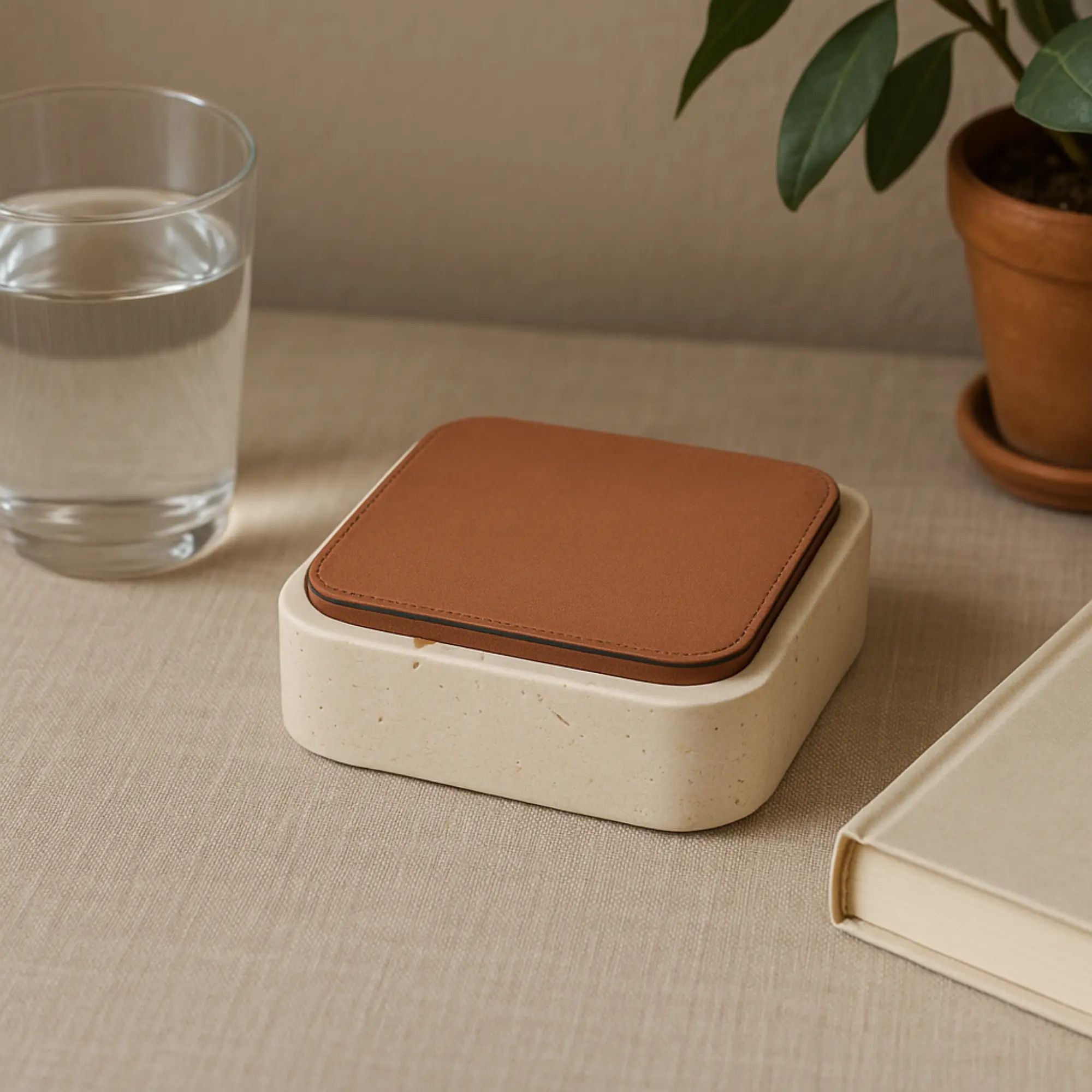 Aufbewahrungsbox - mit Lederdeckel - Quadratische Ablagedose Schmuckkästchen Linea Luxe Square Terrakot-Klein