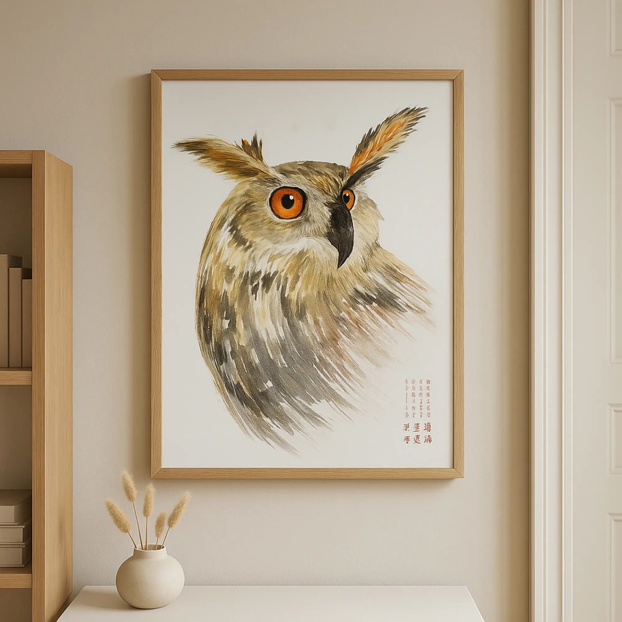 Großes Aquarellbild - Wandbild Poetische Aquarellkunst Strix Placida 32X50cm