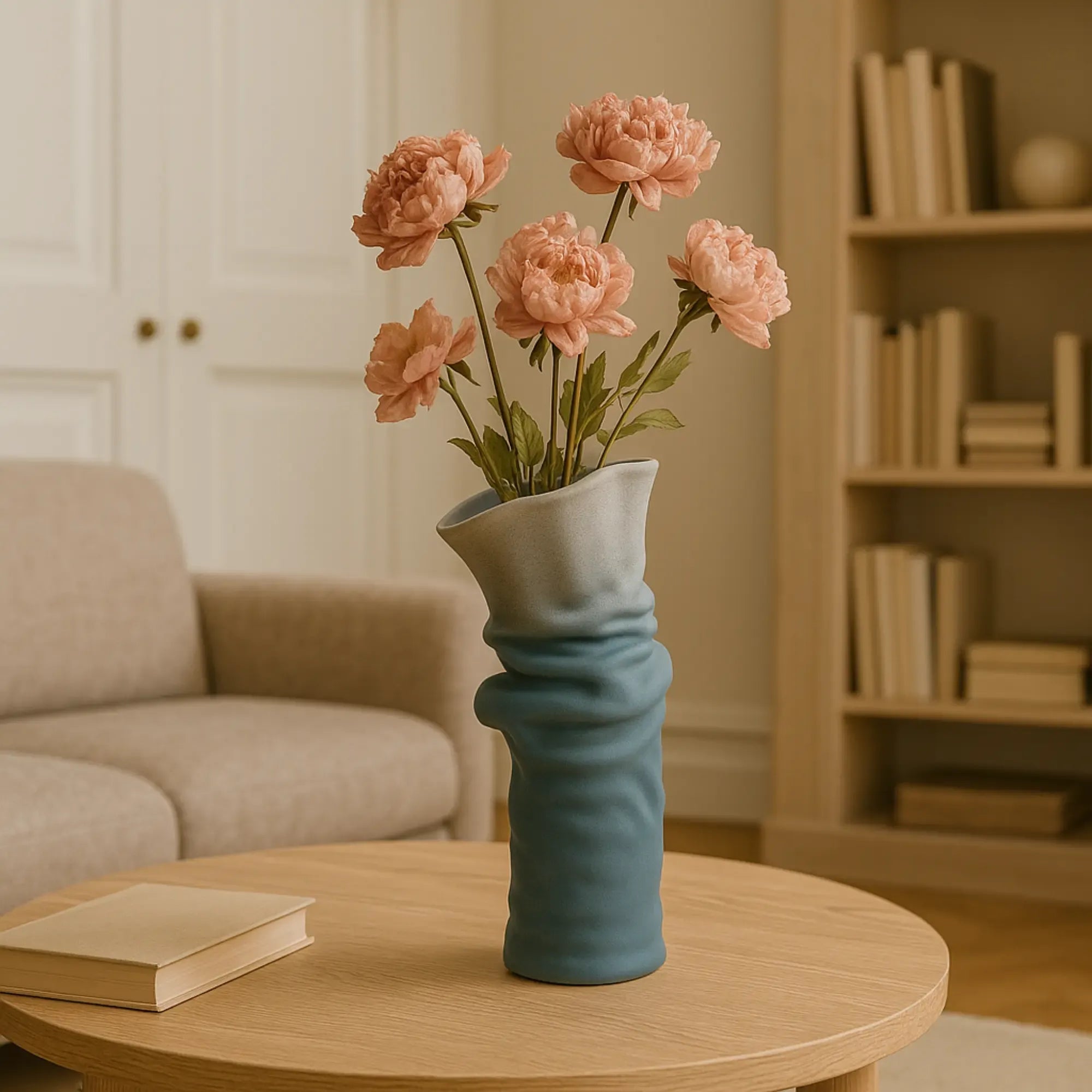 Keramikvase - handgemachte Designvase - Skulpturale Standvase Ondula Terrae Grün-Blau