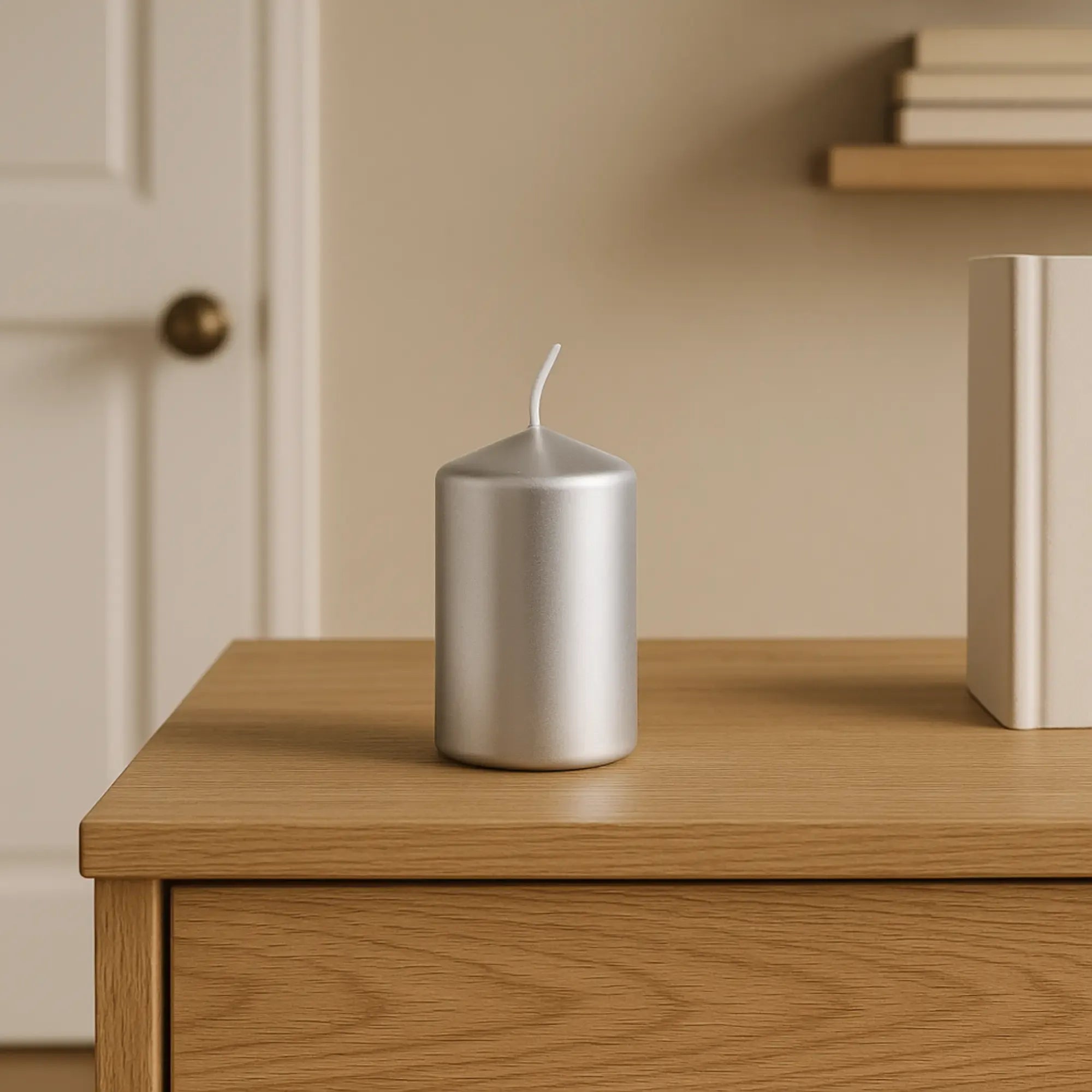 Kerze - Stumpenkerze Metallisch – Silberner Block, 30h Brenndauer Argentum Glänzendes Silber