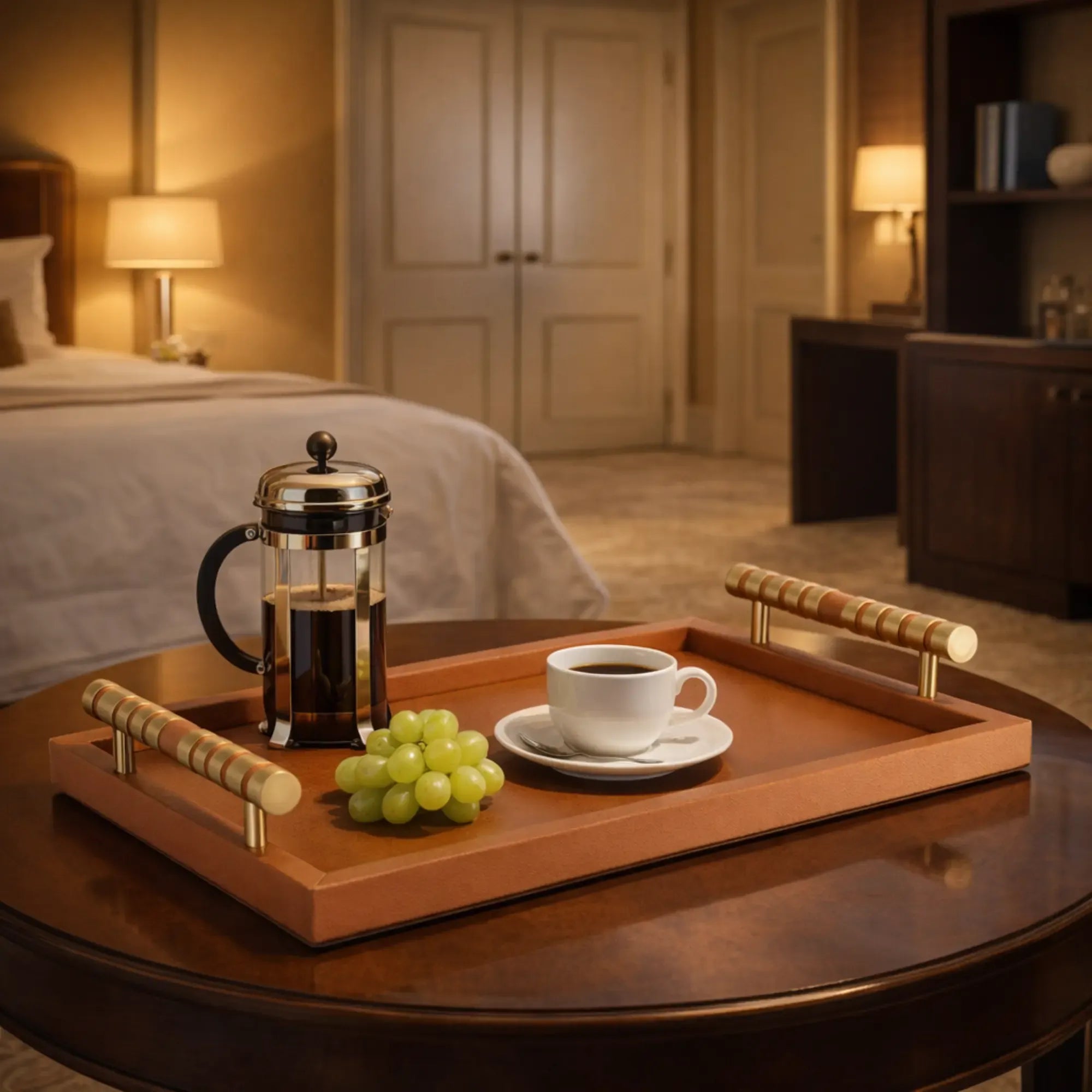 Serviertablett - Kunstleder Tablett mit Halterung Servierhelfer Cognac Leder Aurea Nan