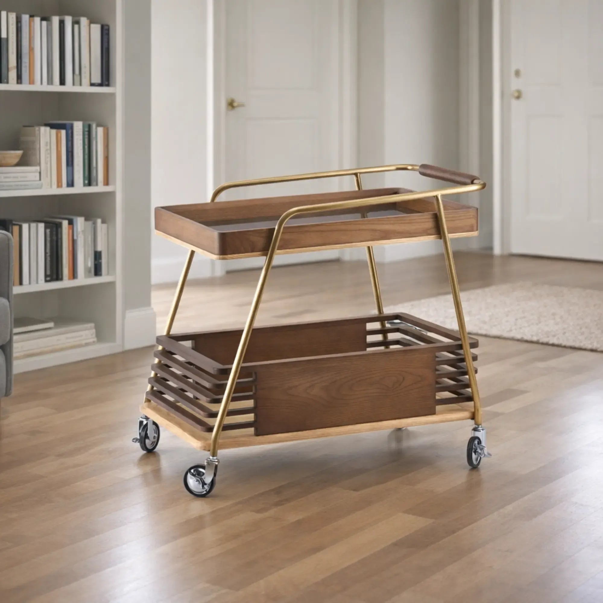 Servierwagen - Barwagen zweistufig – Nussbaumholz & Messingrahmen – Rollender Design-Trolley Mid‑Century Linea Aurea Nan