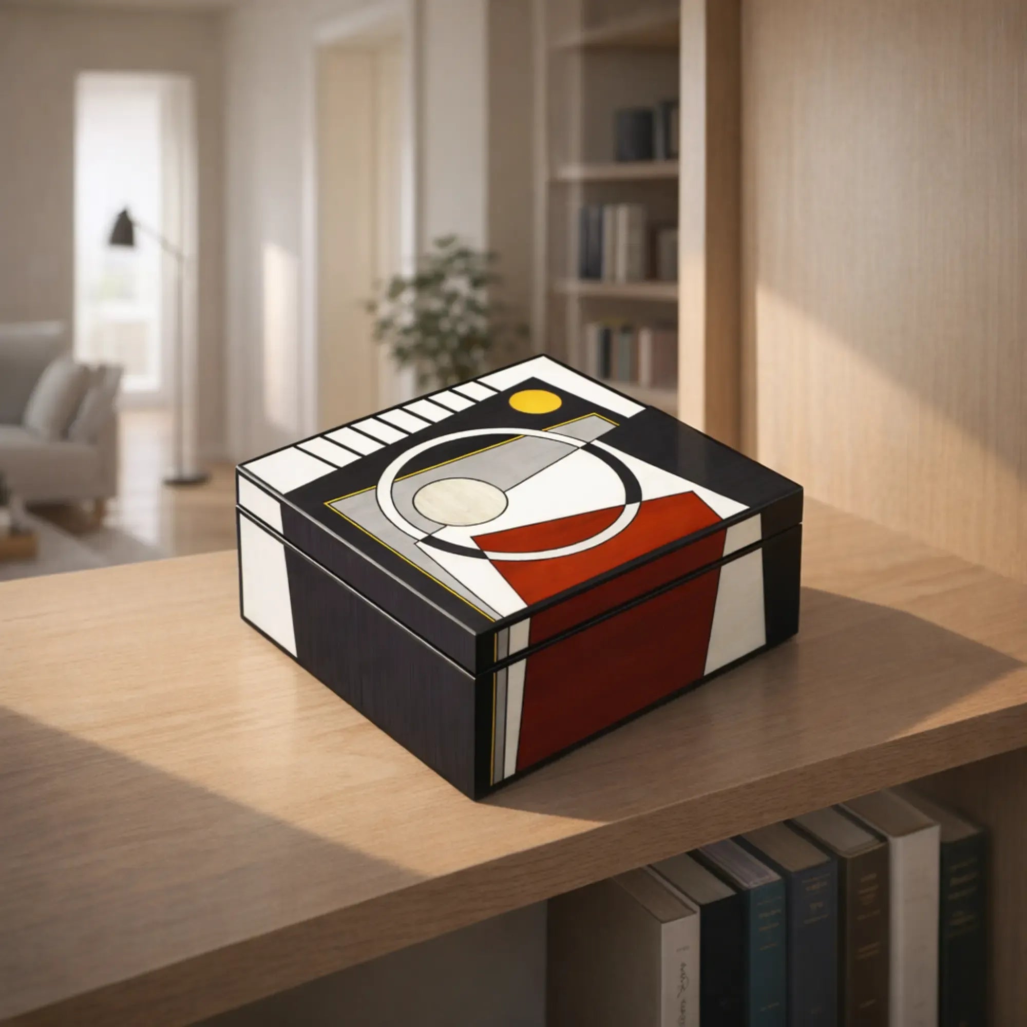 Schmuckbox - Schmuckdose grafisch – lackiertes Holz mit Harzintarsien – Art-Déco Design Orphée Nan