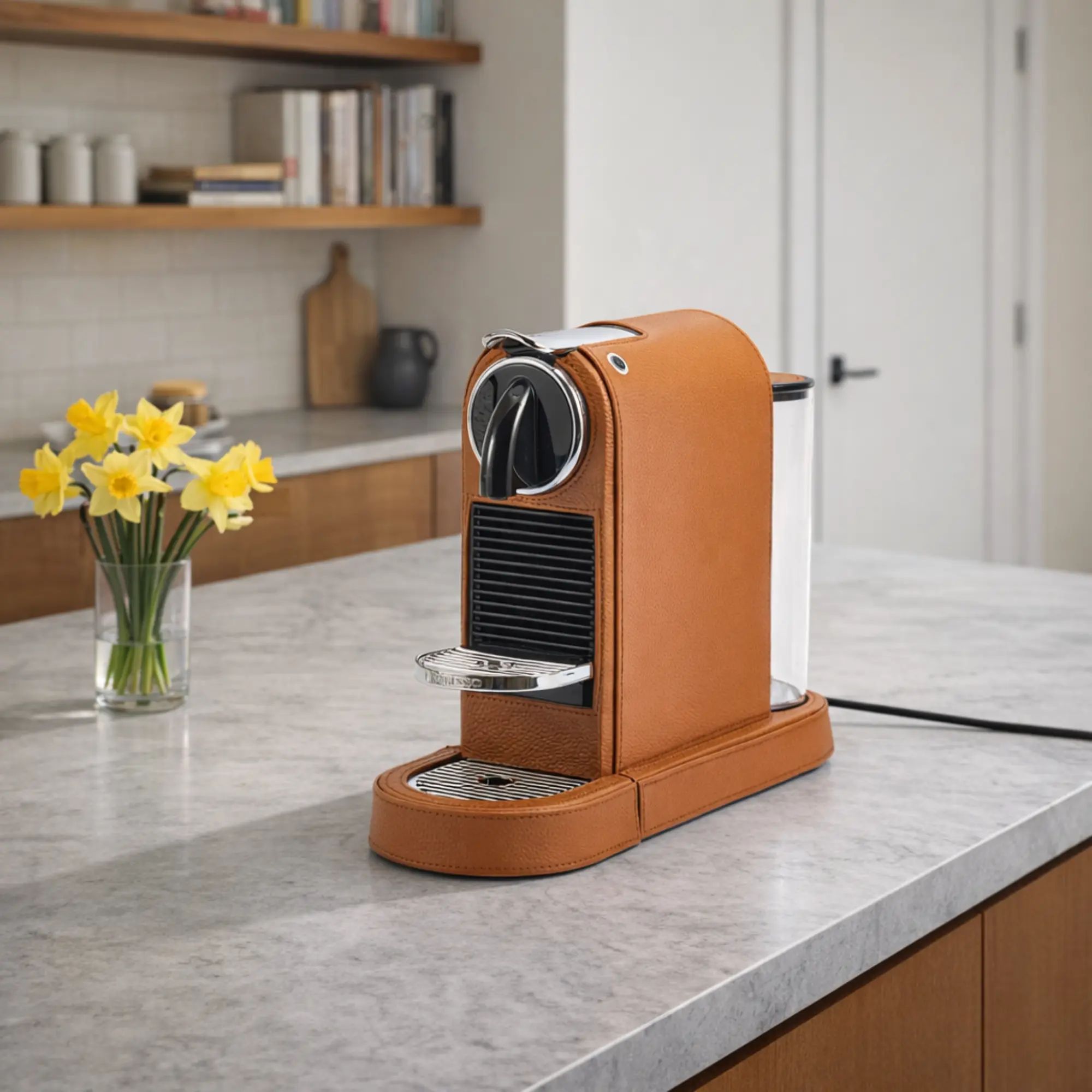 Kaffemaschine-Nespresso-CitiZ - Kapsel-Espressomaschine aus Leder – Cognac-Leder mit Längssteppung – OriginalLine 1,0 L – Classique Nan