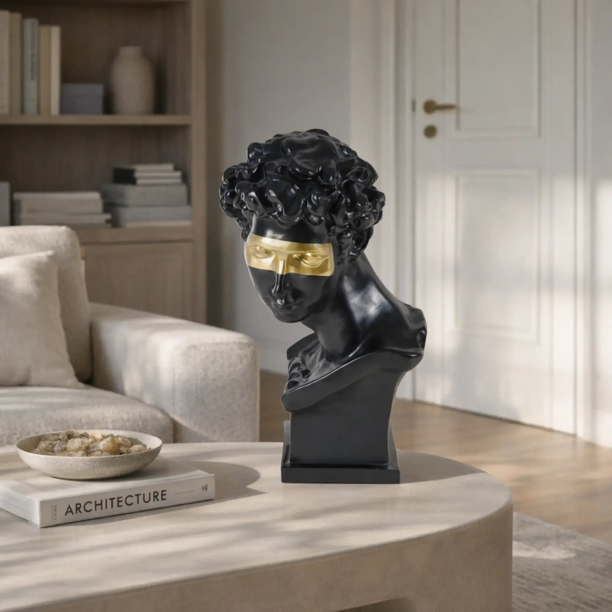 Dekobüste - Skulpturale Büste – Mattschwarz mit goldener Augenbinde – David-Interpretation Deko-Objekt Aurea Nan