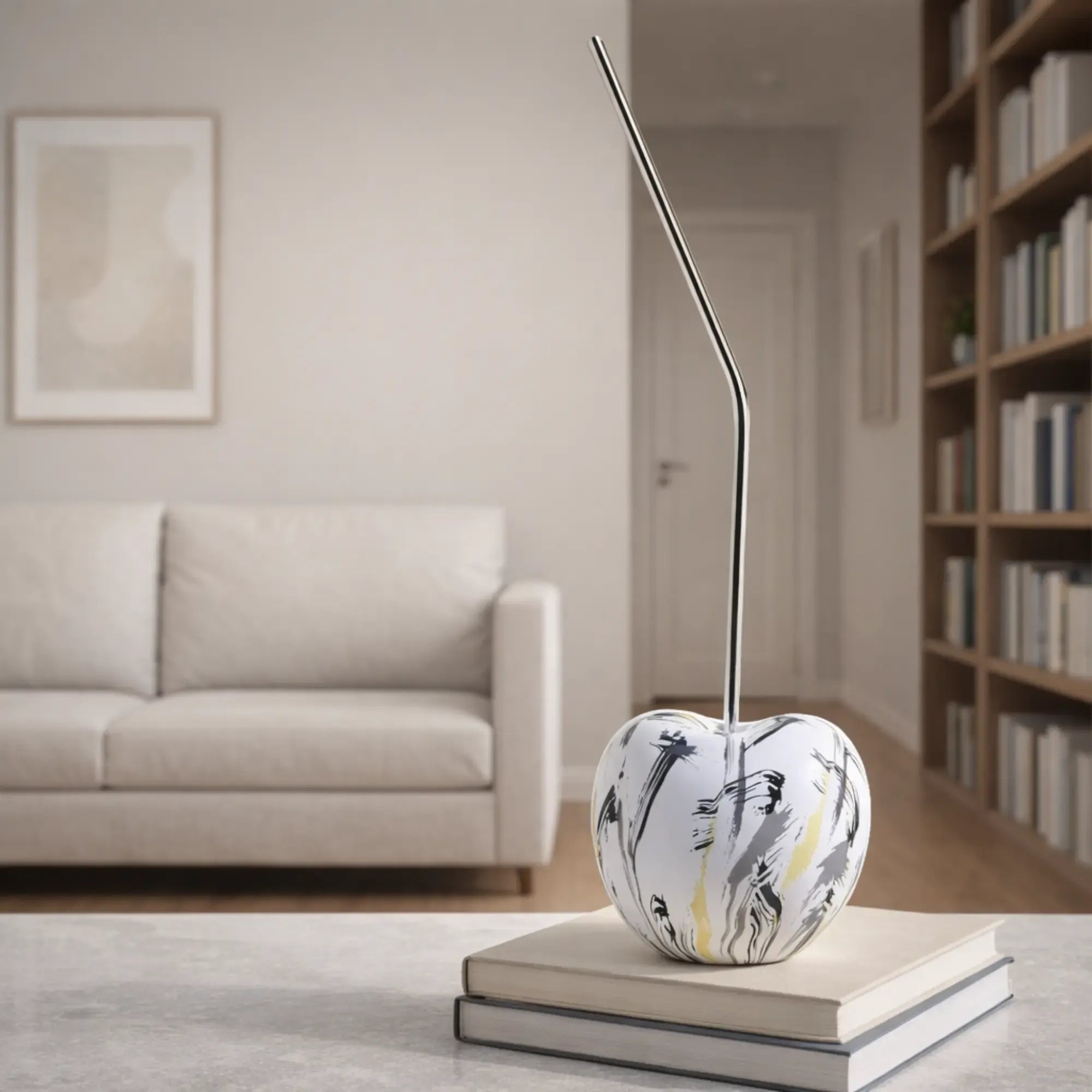 Kirschfigur - Skulpturales Deko-Objekt Kirsche – Keramik Weiß, Edelstahl-Stiel – Brush-Art & Hochglanz Variante – Aurea Bianca Klassisches Weiß